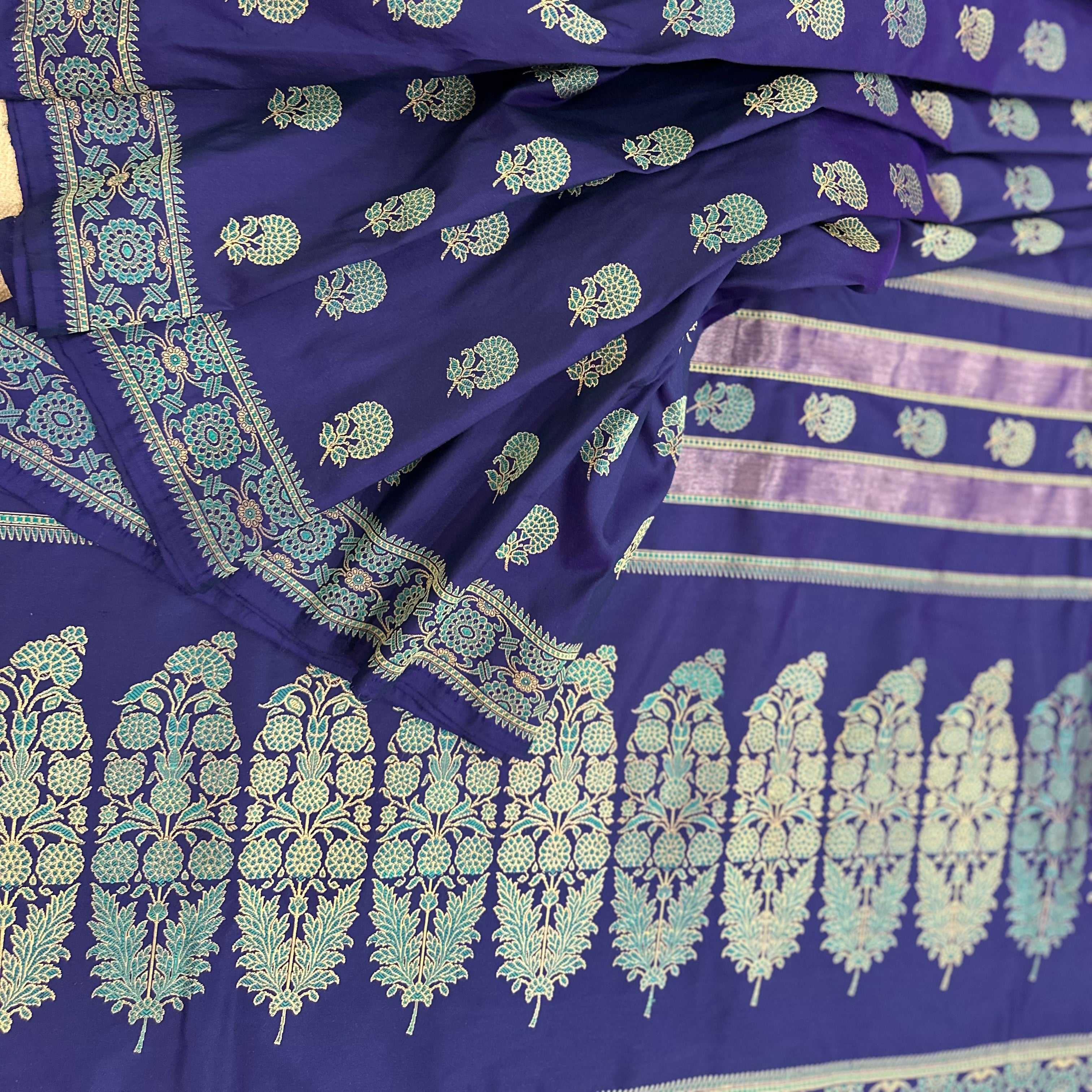 Blue and Turquoise marigold Revival Baluchari Saree