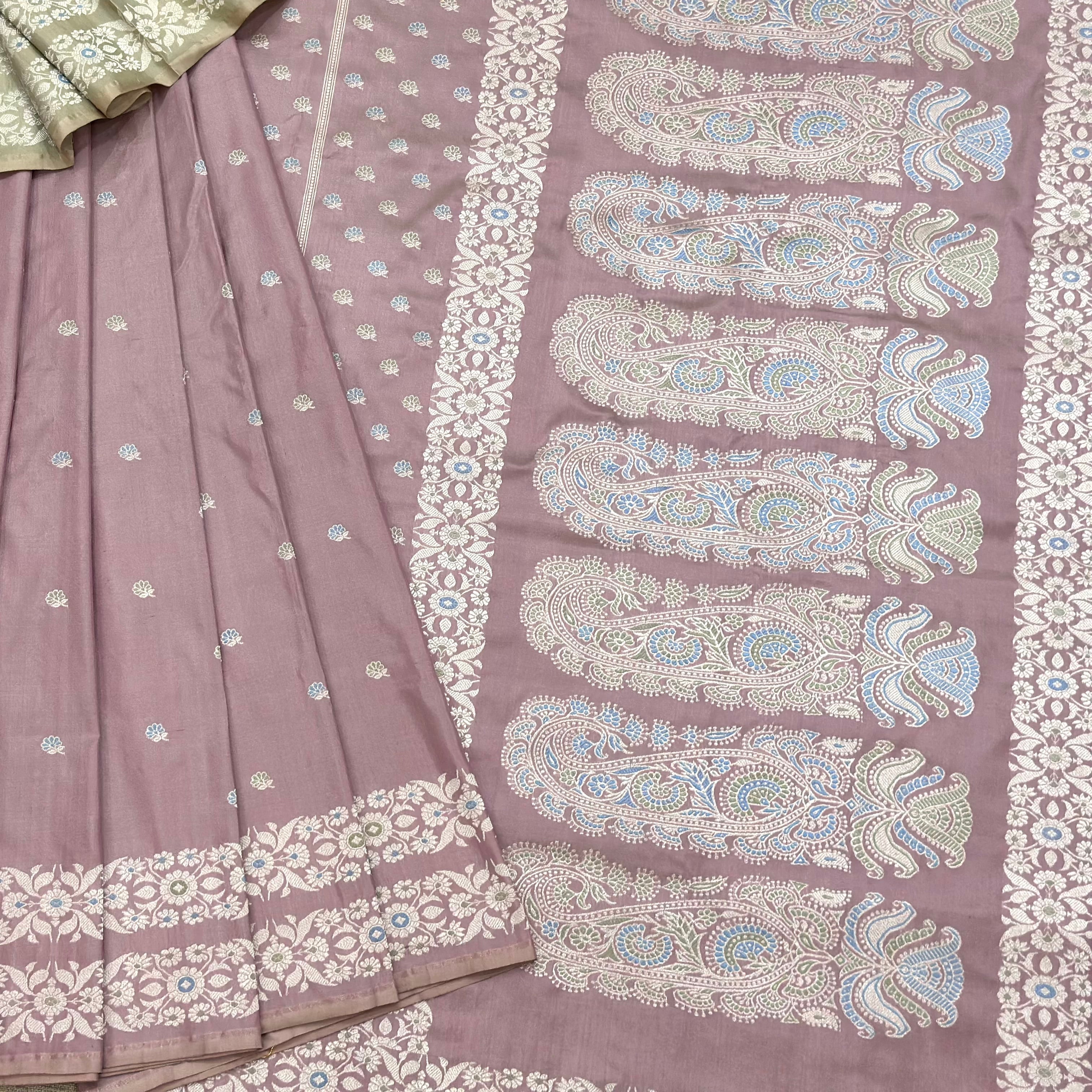 Onion Pink Baluchari Saree with Paisleys in the Palla