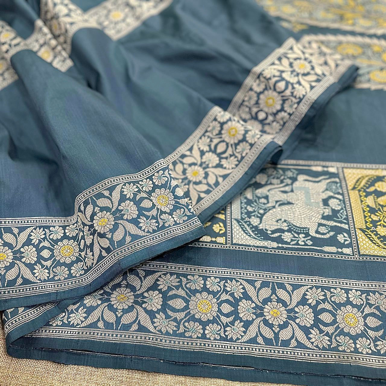 Cobalt Blue Three Border Baluchari Saree