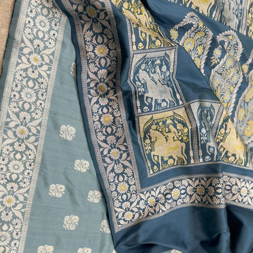 Cobalt Blue Three Border Baluchari Saree