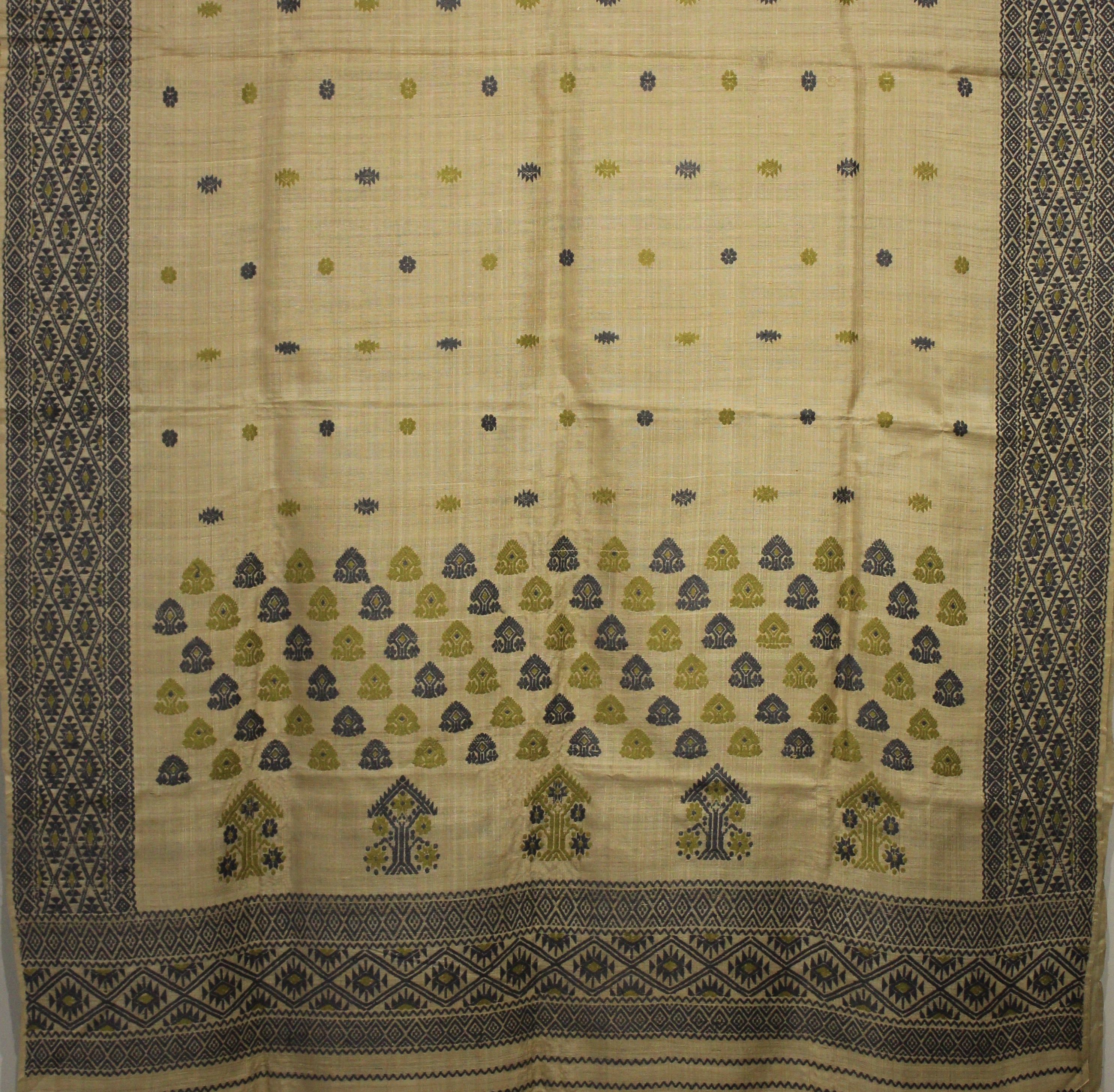 Heirloom Pure Assamese Muga Saree with Natural Dyed Eri Extra Weft in Indigo and Mehendi