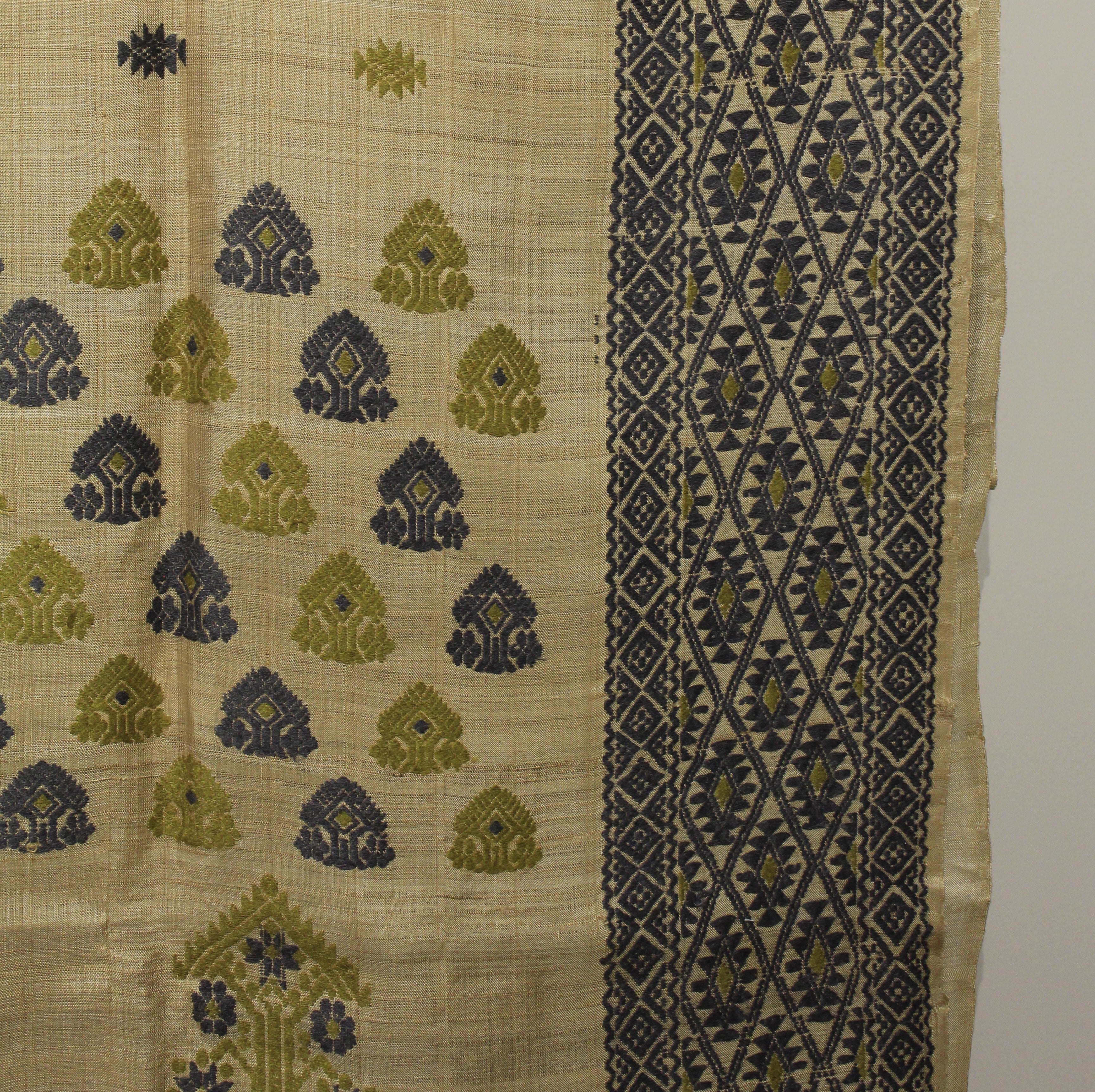 Heirloom Pure Assamese Muga Saree with Natural Dyed Eri Extra Weft in Indigo and Mehendi