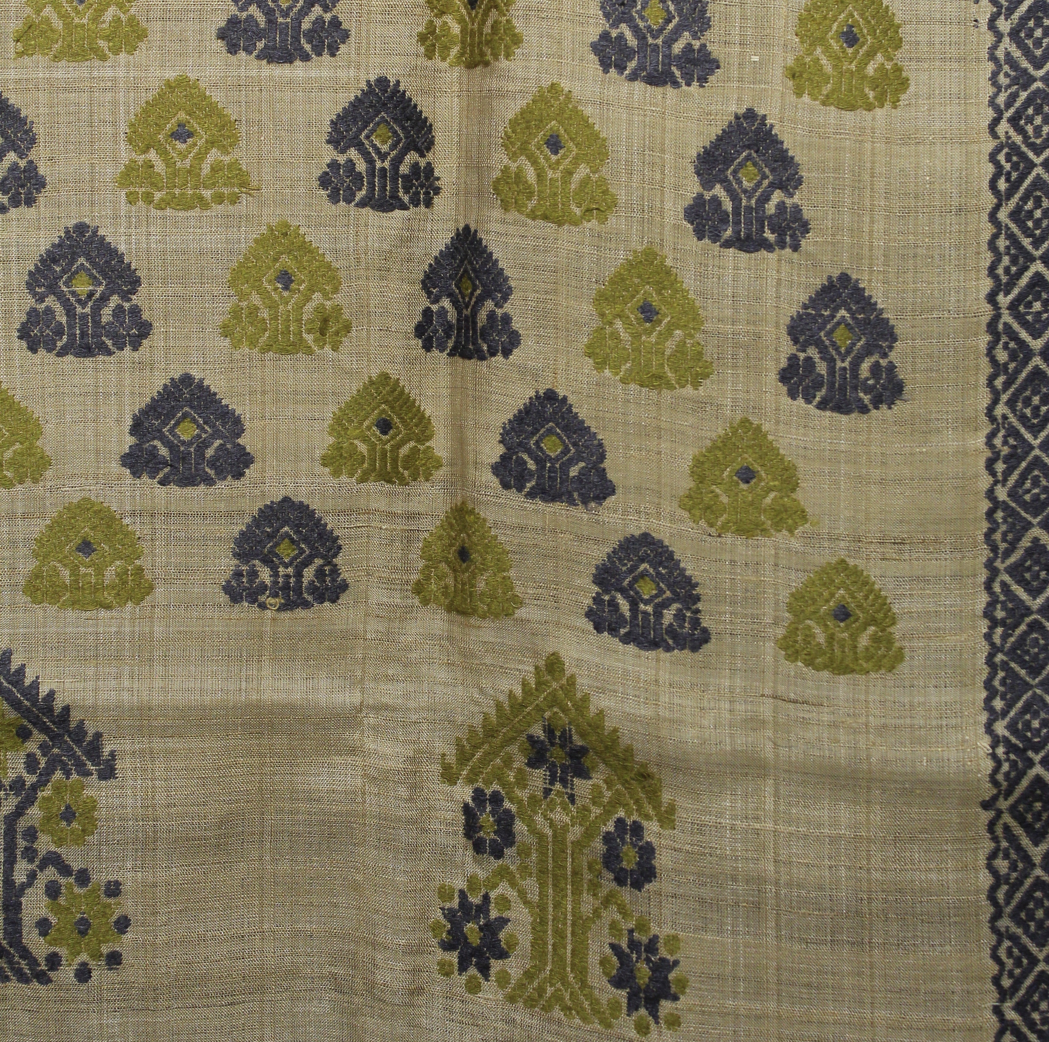 Heirloom Pure Assam Muga Saree with Natural Dyed Eri Extra Weft in Indigo and Mehendi