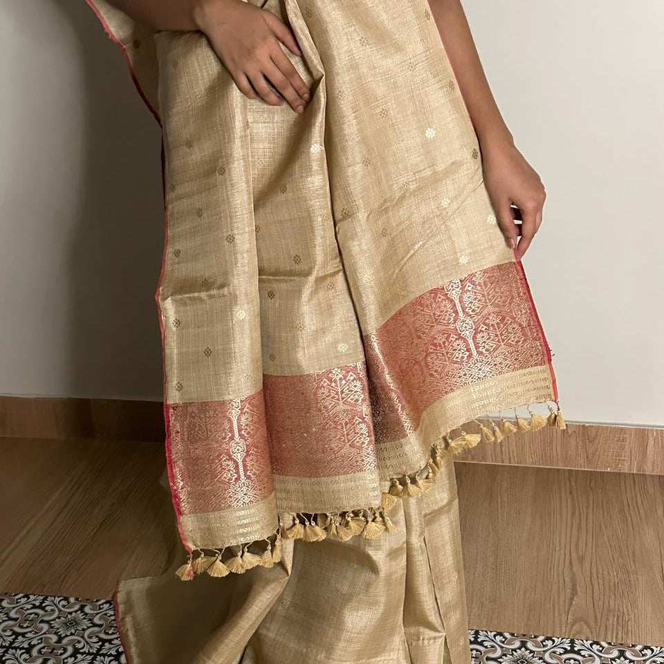 Handwoven Pure Muga Saree with Small Palla in Red Eri
