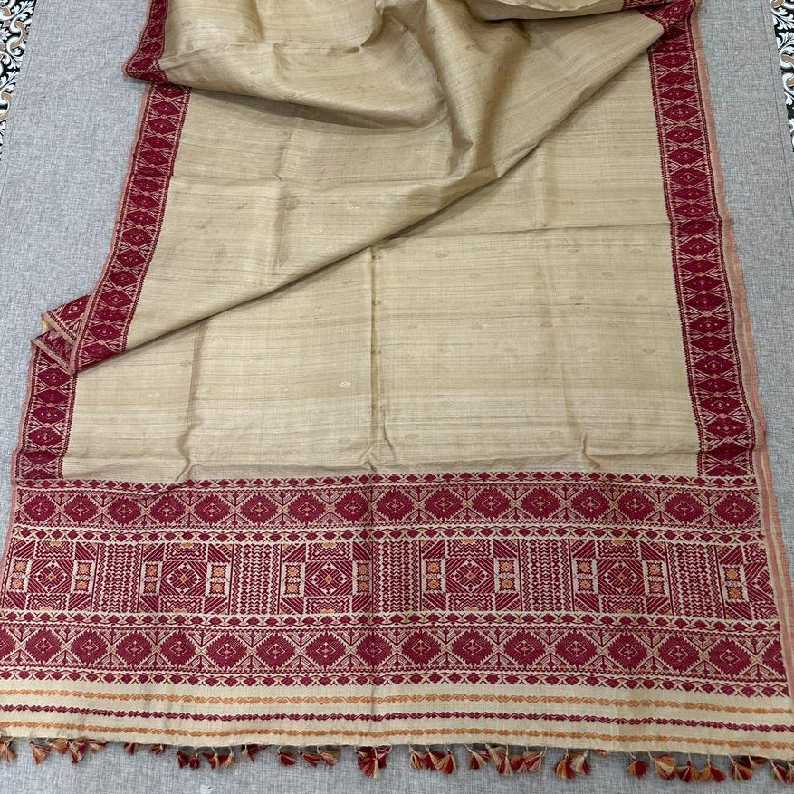 Handwoven Pure Muga Saree with Small Palla In Red Eri