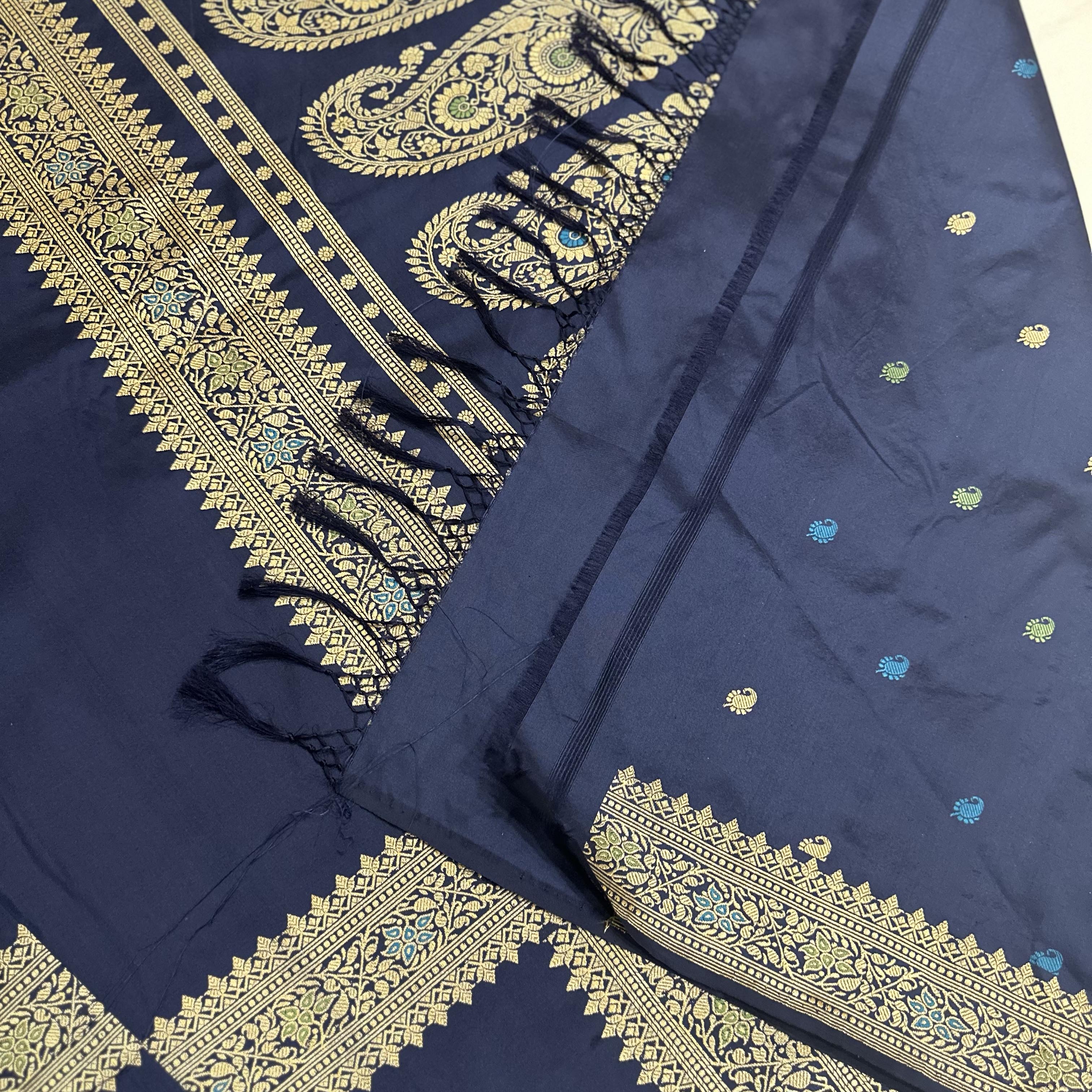 Blue Three Bordered Saree with Paisleys in the Palla