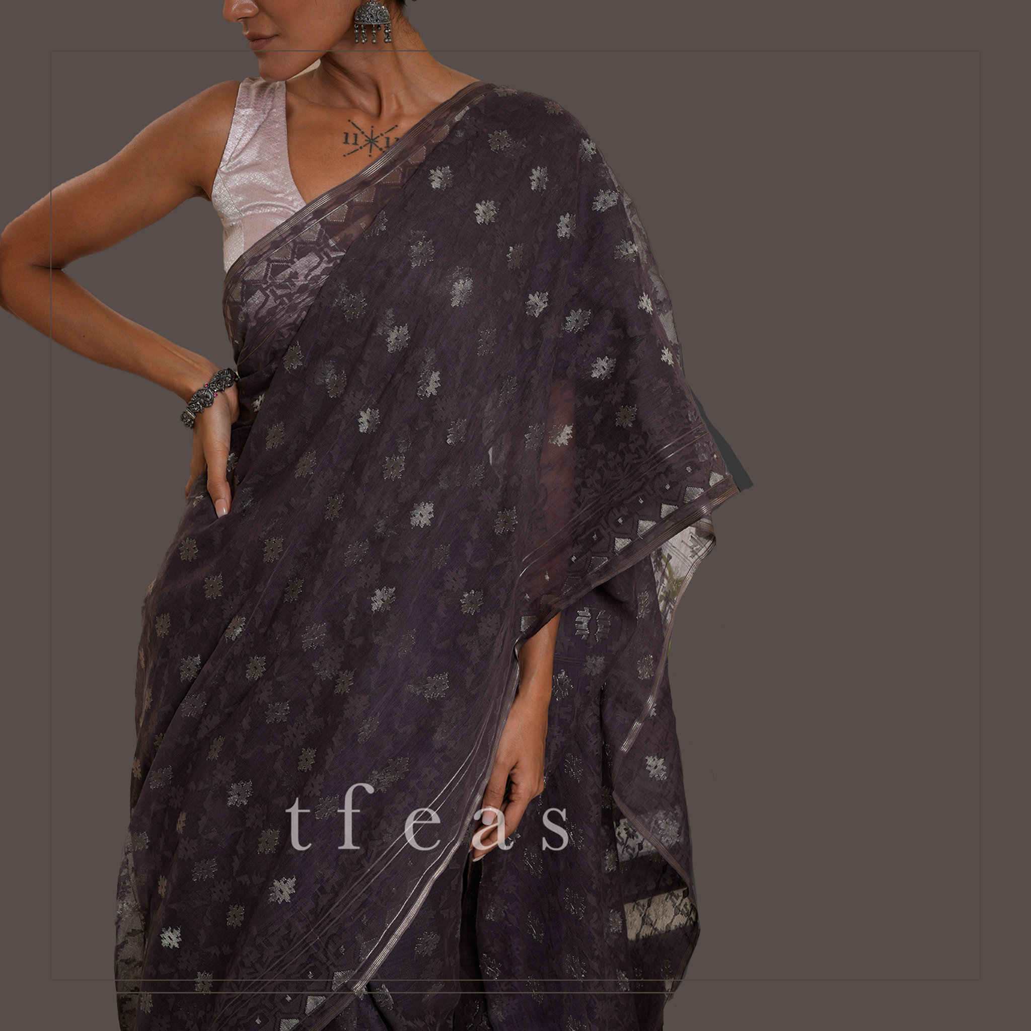 Greyish Purple Jaal Dhakai Jamdani Saree