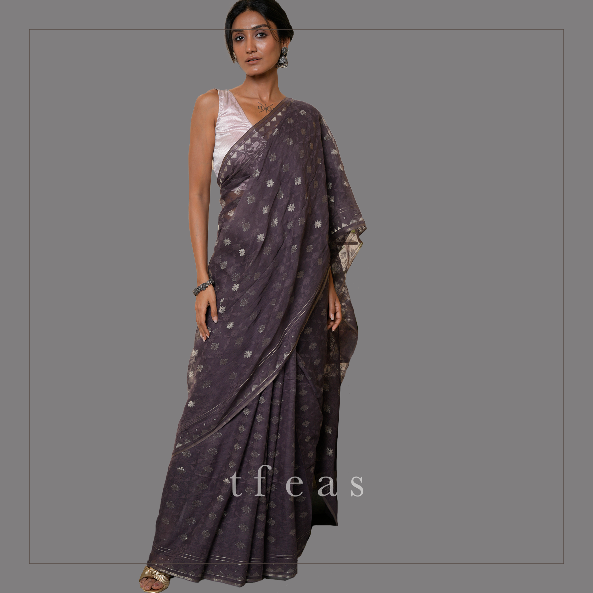 Greyish Purple Jaal Dhakai Jamdani Saree
