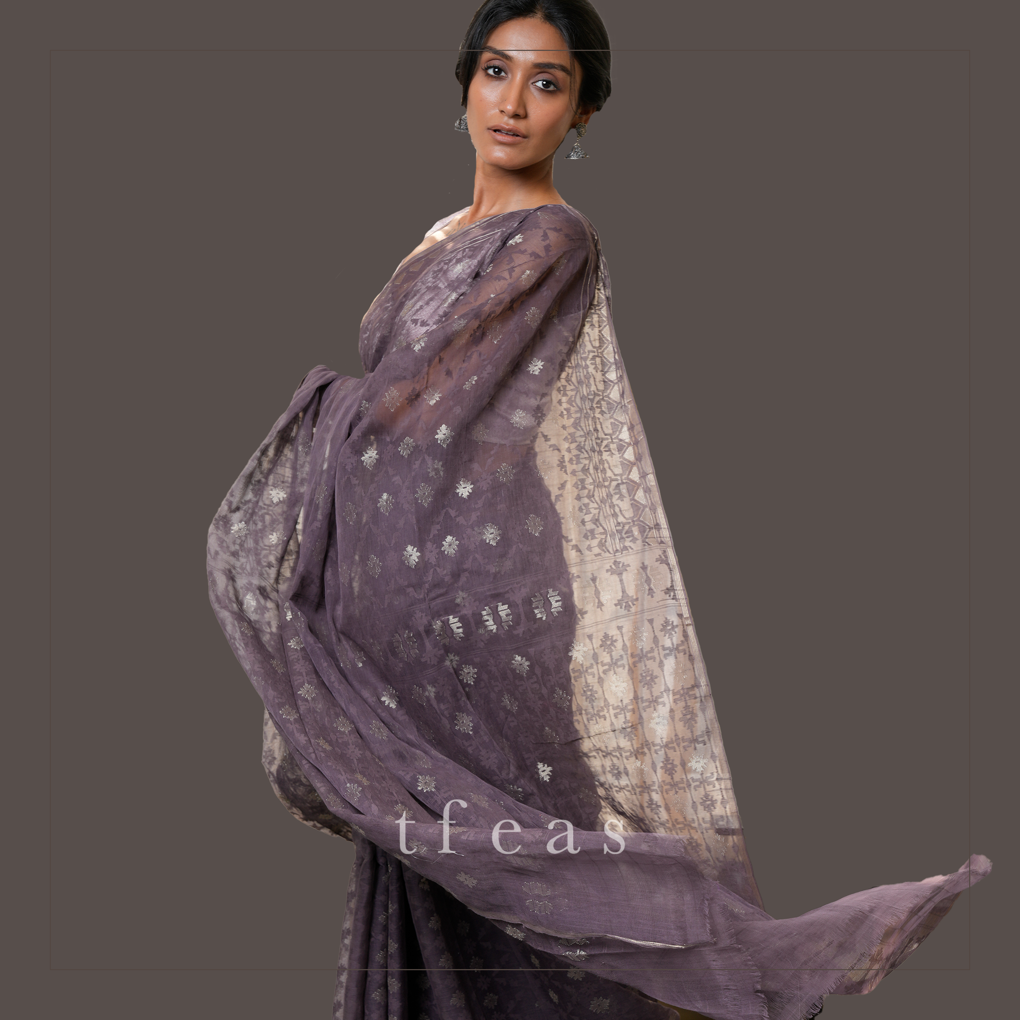 Greyish Purple Jaal Dhakai Jamdani Saree
