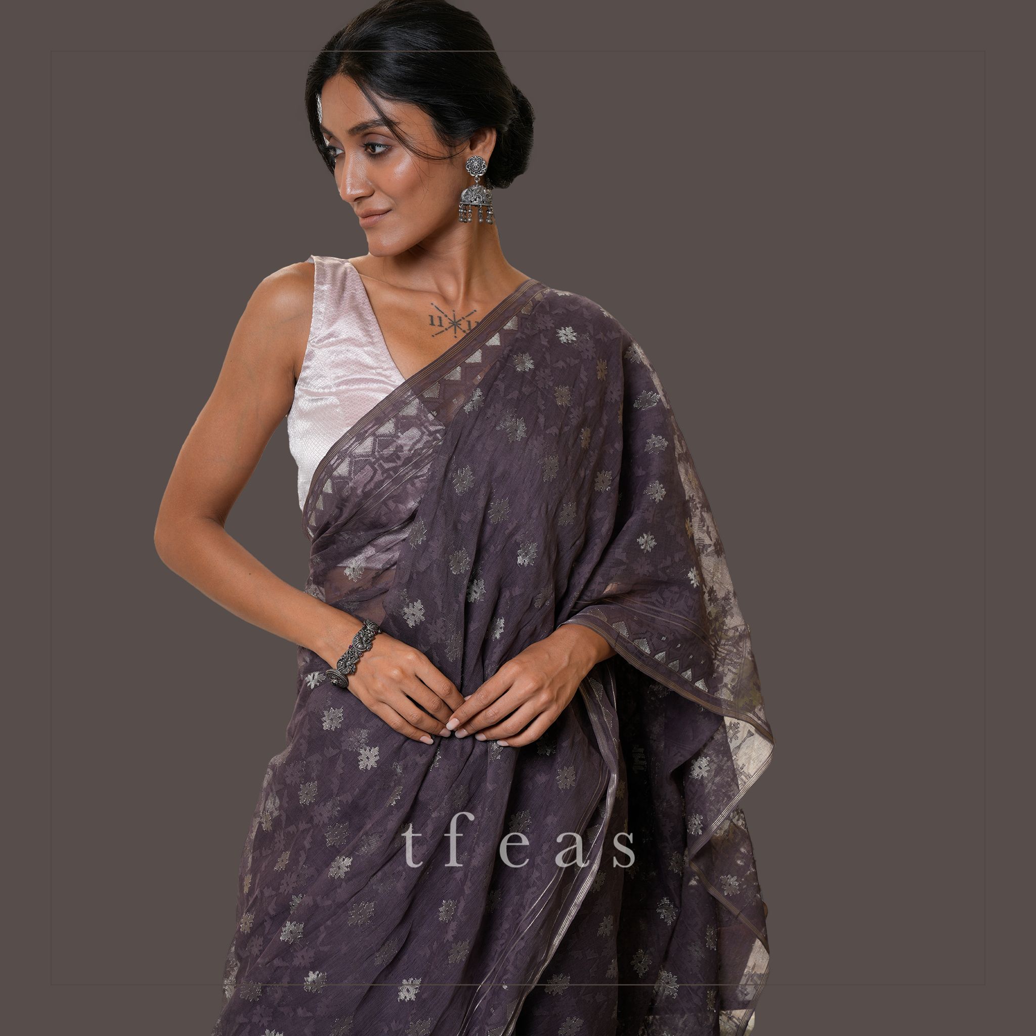 Greyish Purple Jaal Dhakai Jamdani Saree