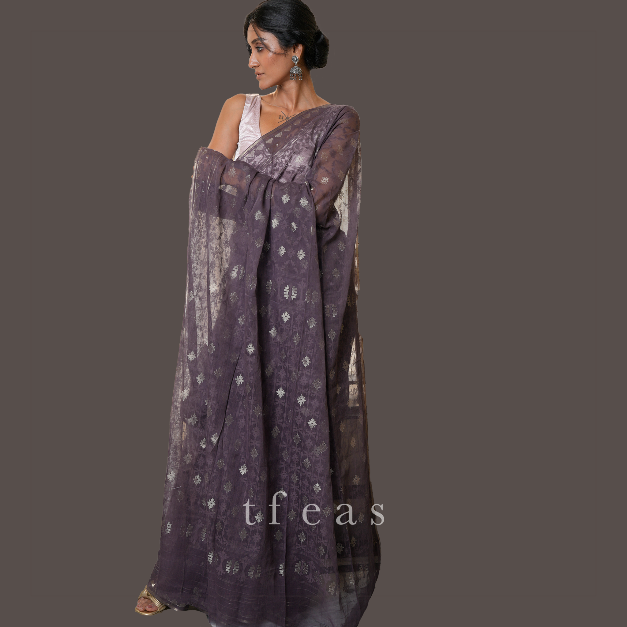 Greyish Purple Jaal Dhakai Jamdani Saree