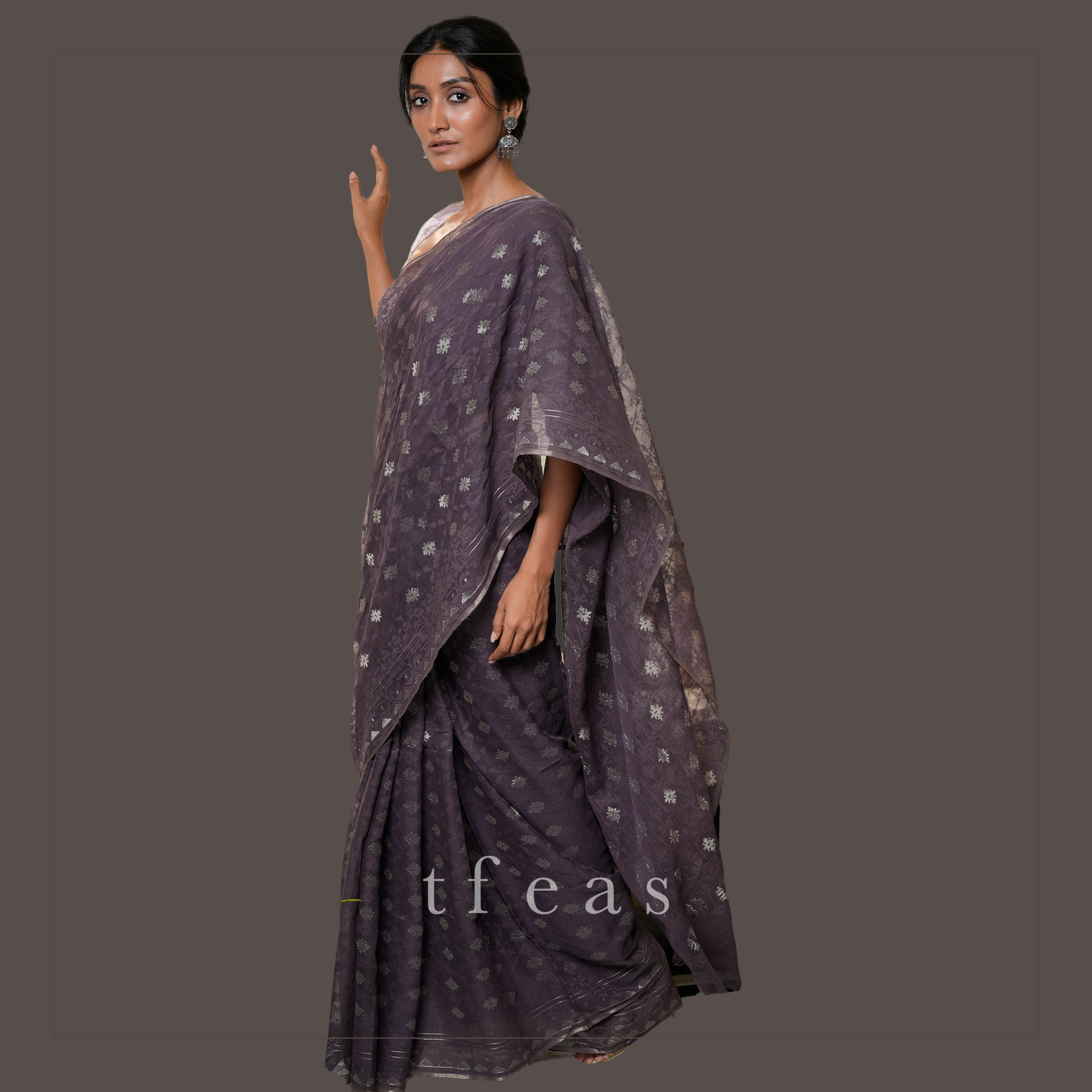 Greyish Purple Jaal Dhakai Jamdani Saree