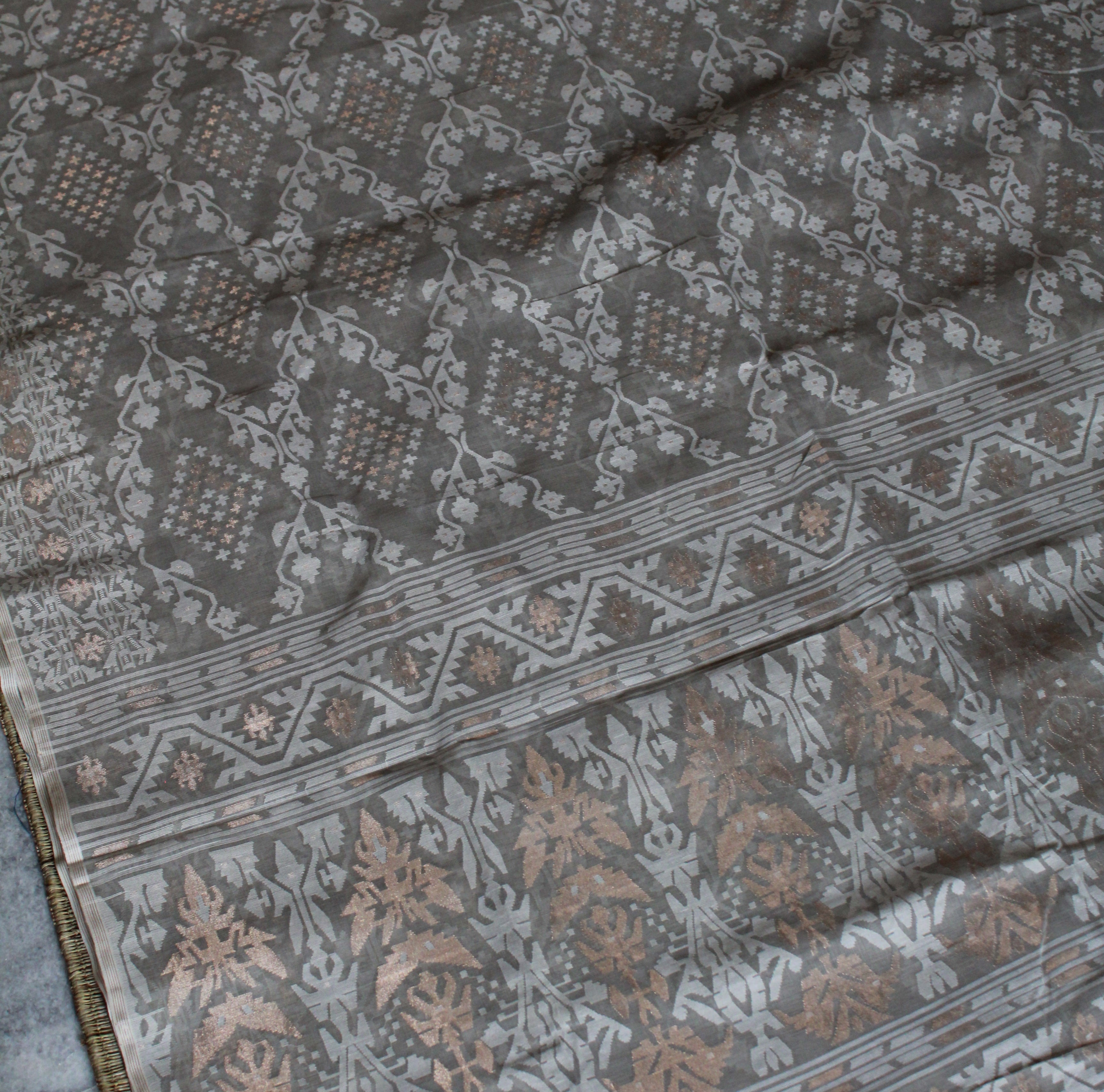 Pre Order: Grey Jaal Dhakai Jamdani with Zari