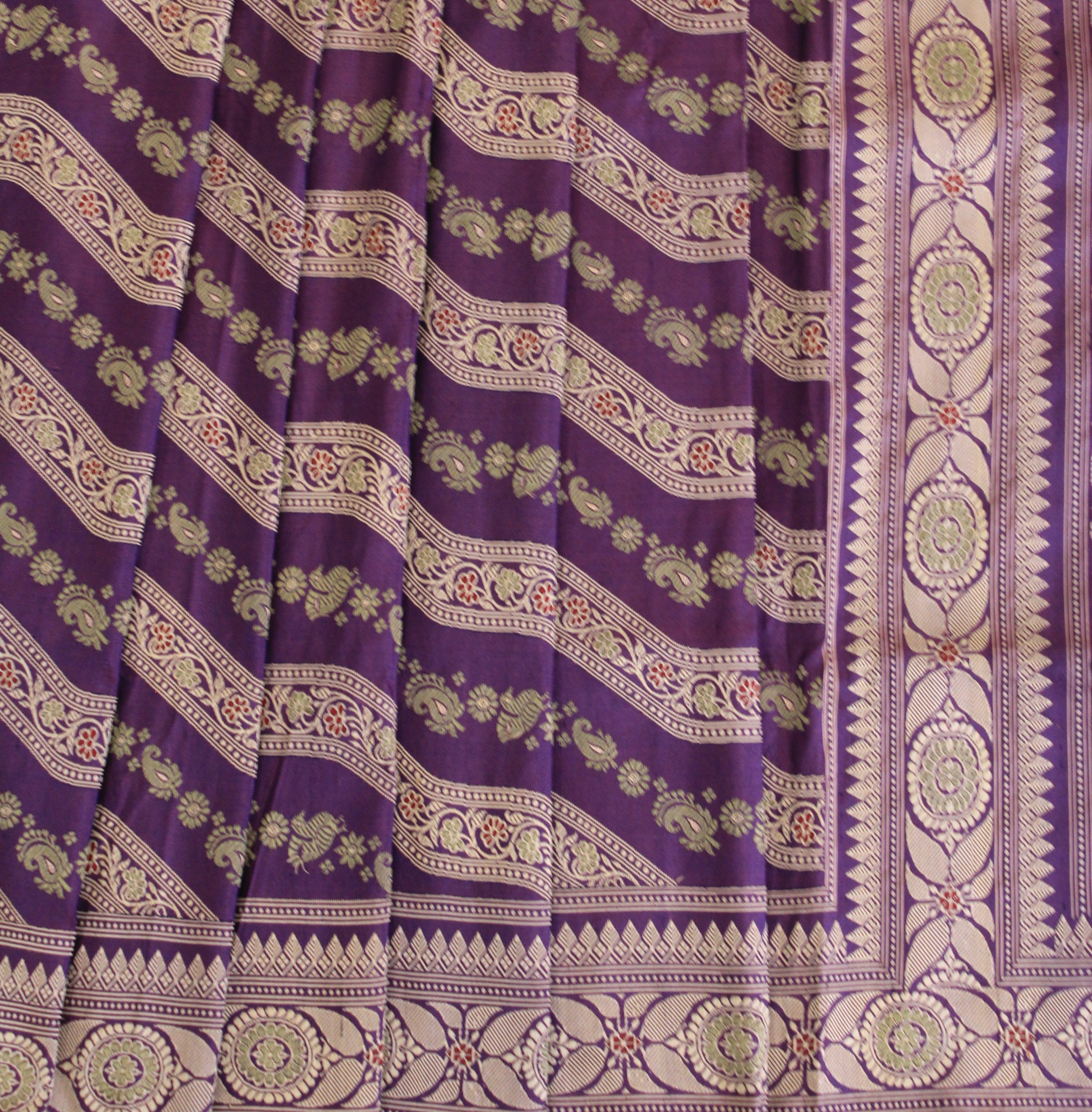 Purple Green Ada Baluchari with Peacock Motifs