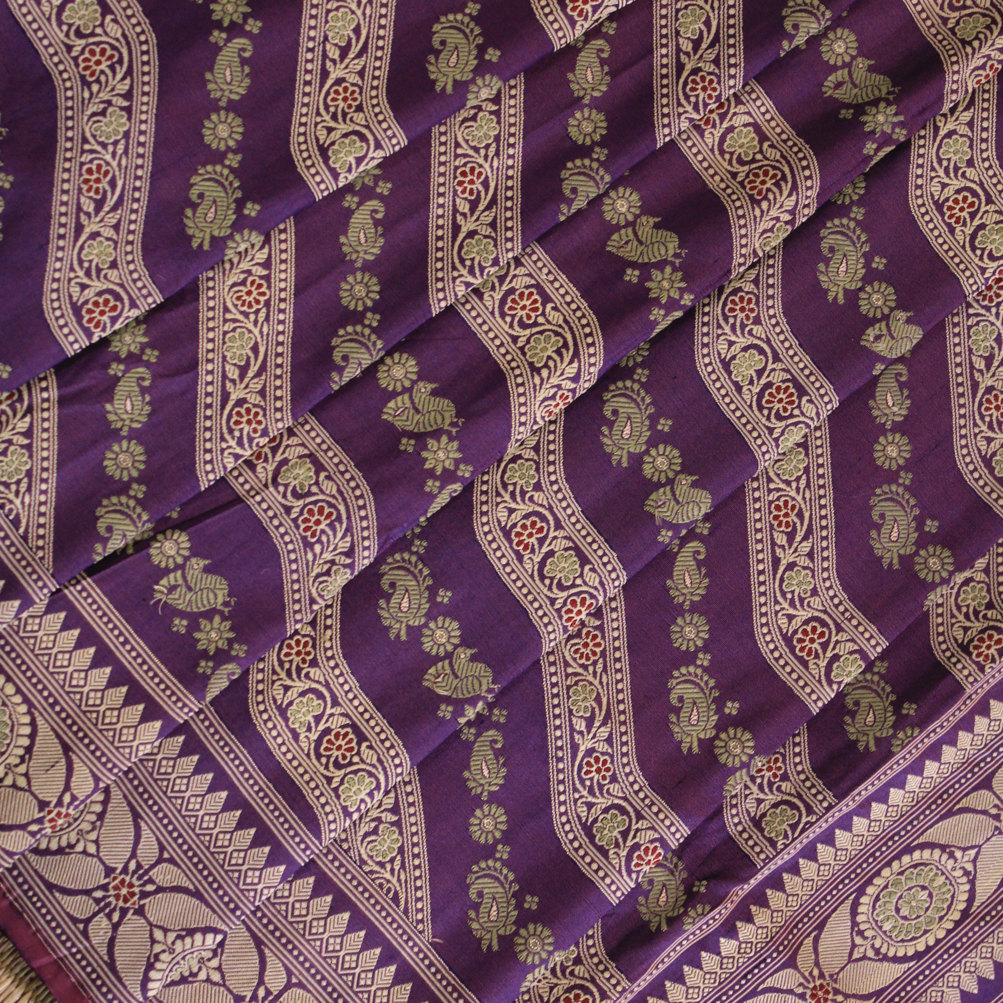Purple Green Ada Baluchari with Peacock Motifs