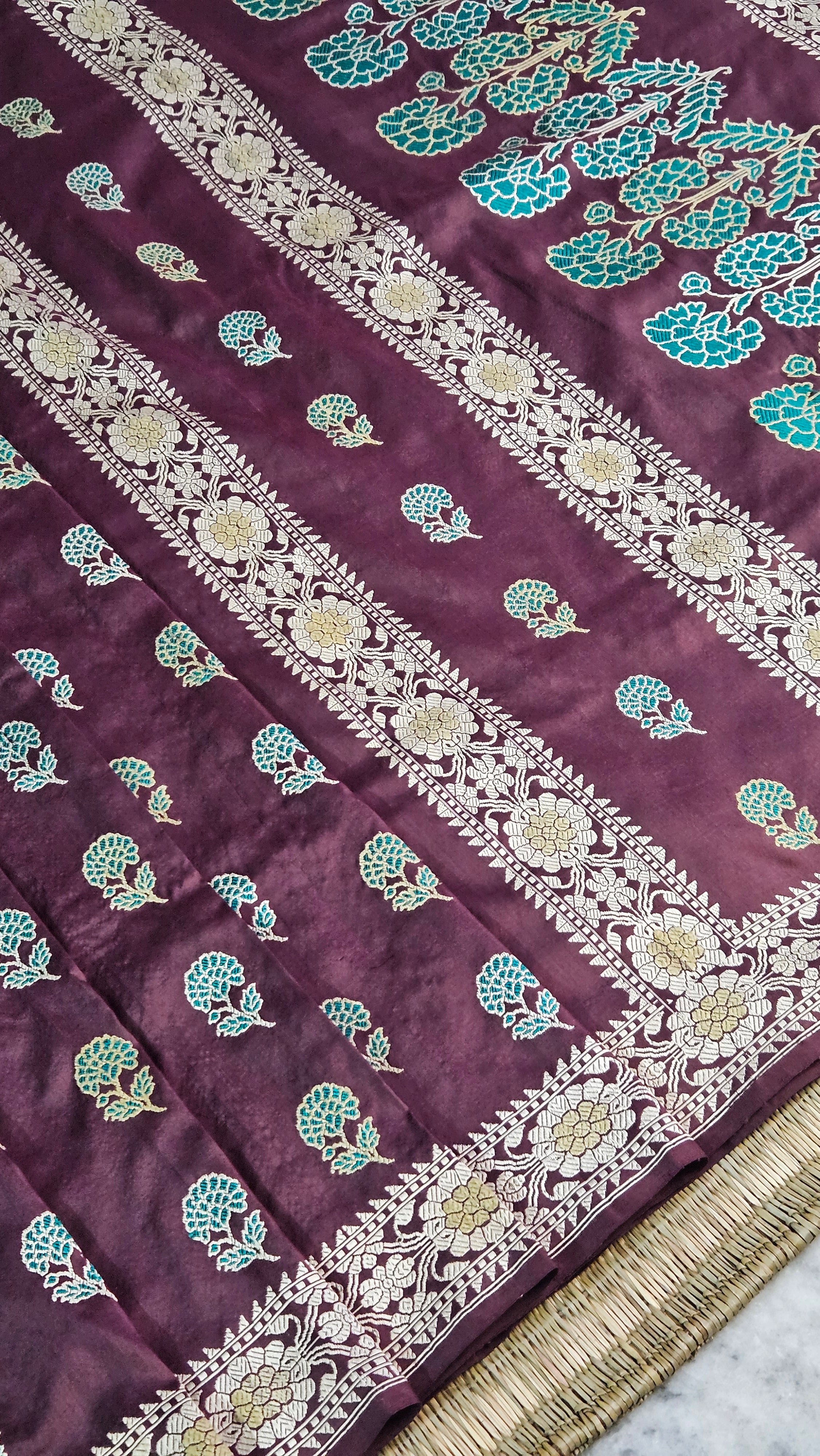 Brown with Green Revival Baluchari Saree