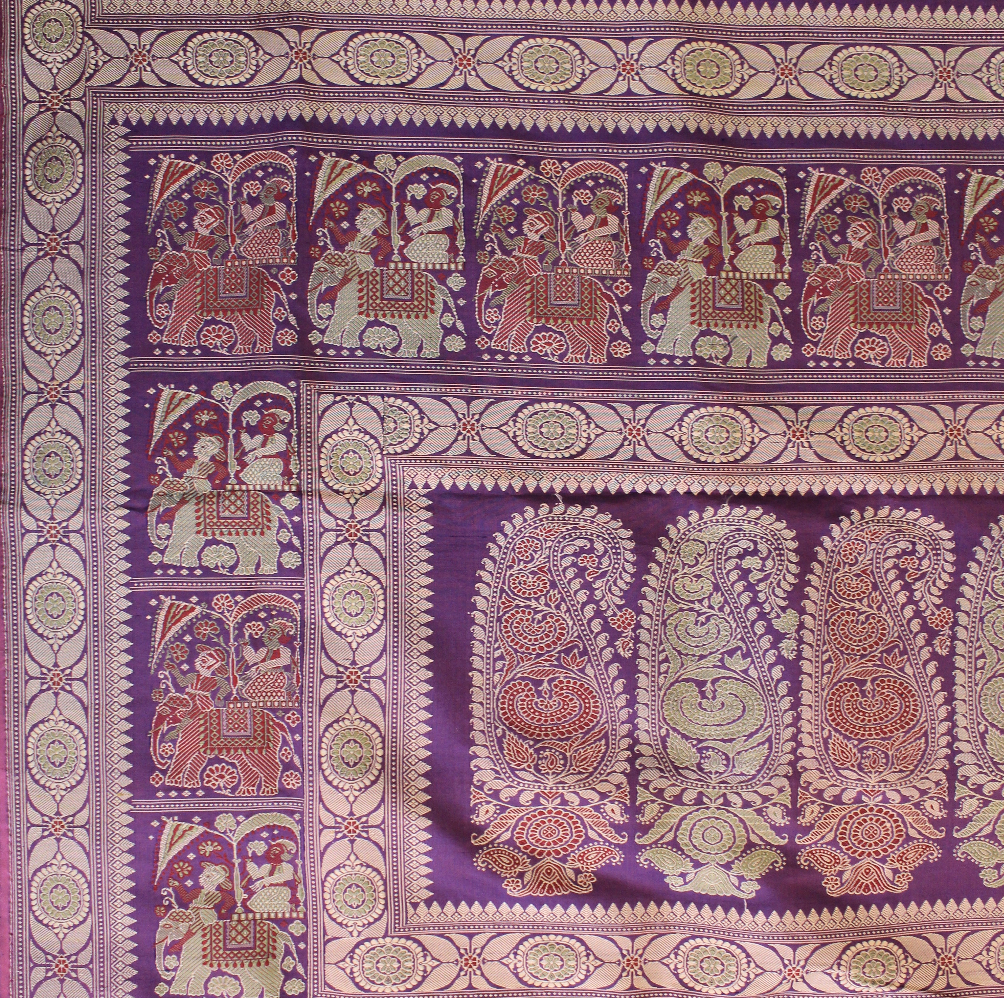 Purple Green Ada Baluchari with Peacock Motifs