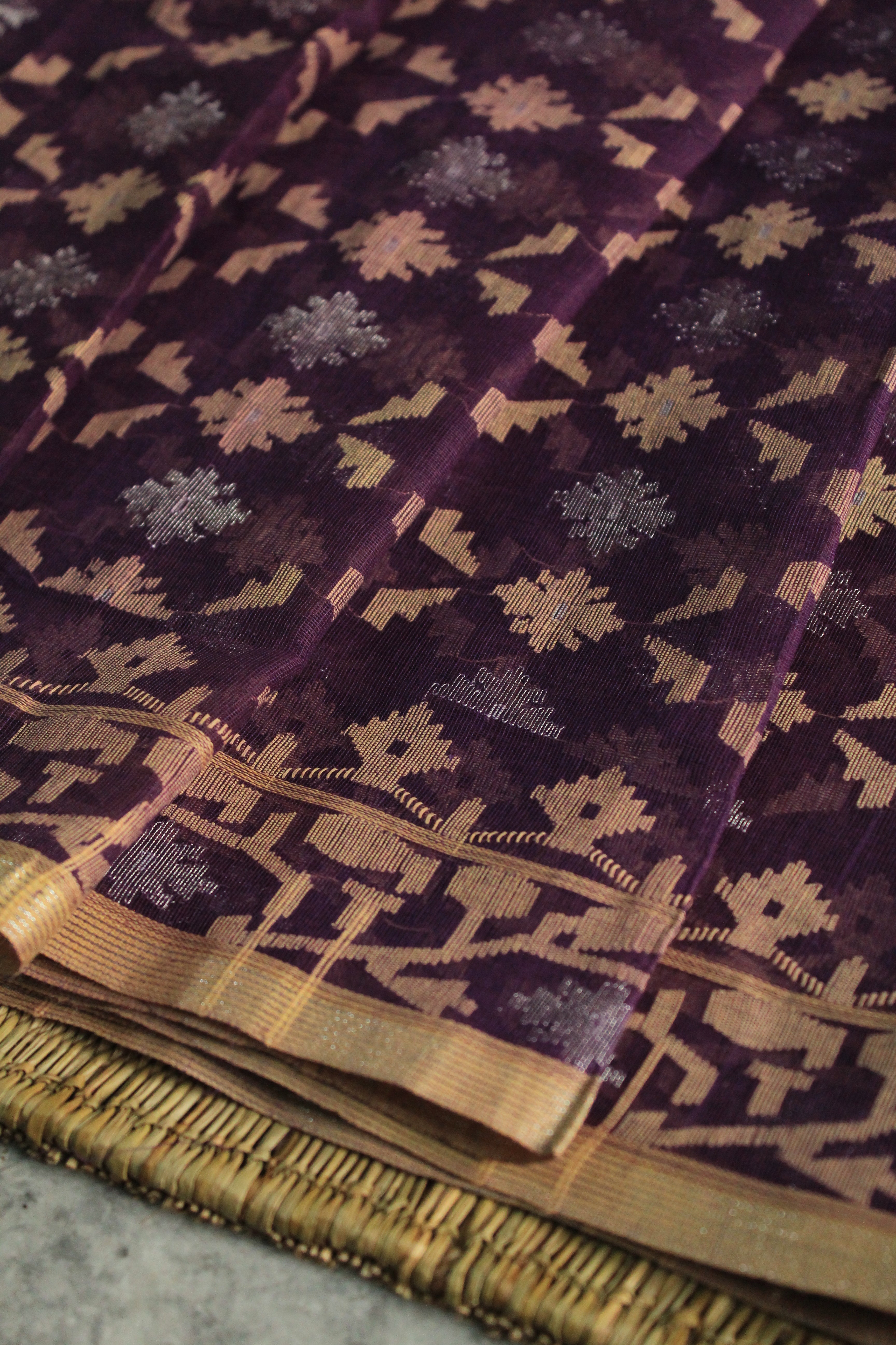 Pre Order : Purple, Beige and Silver Zari Jaal Dhakai Jamdani Saree