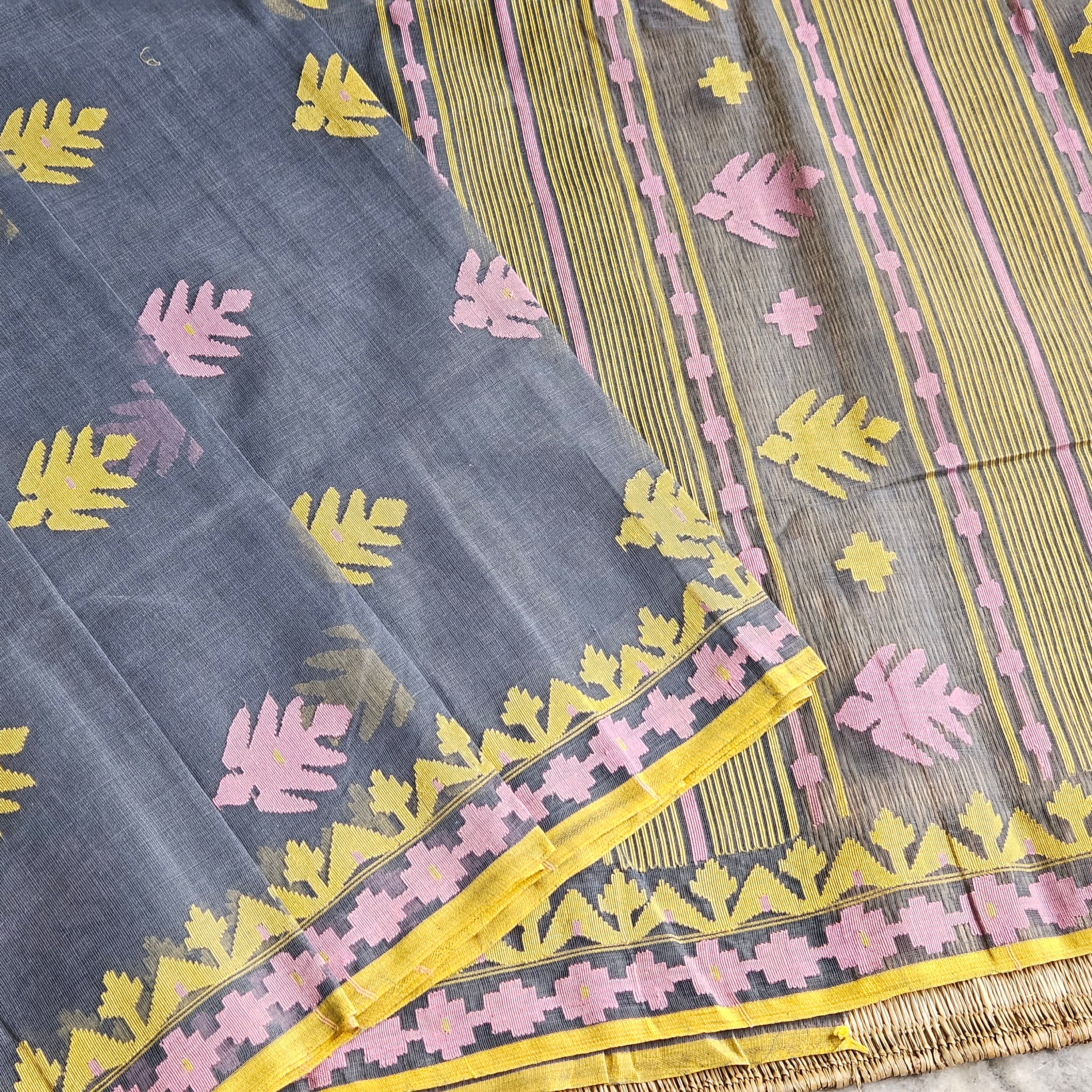Grey Dhakai Jamdani with Pink and Yellow Motifs