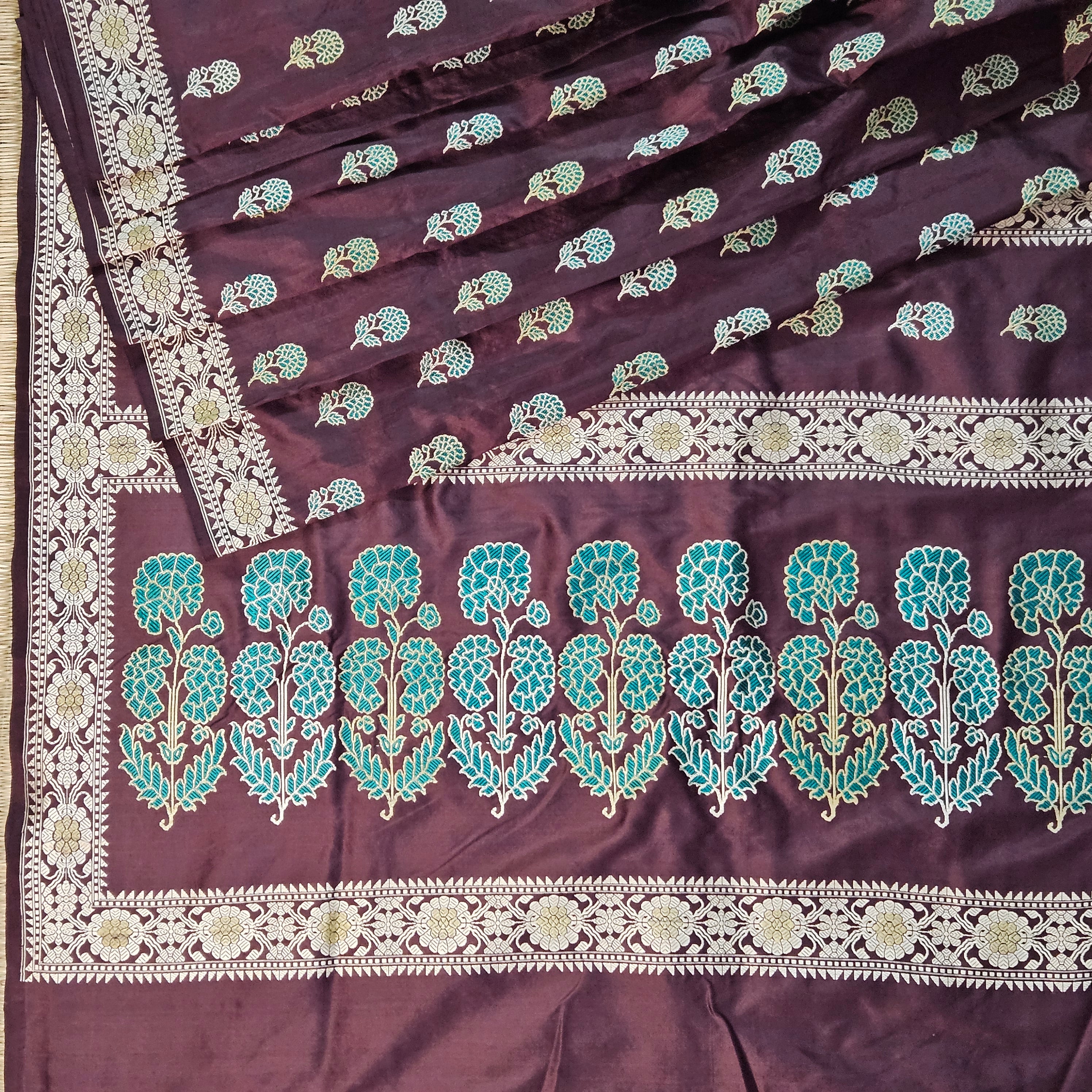 Brown with Green Revival Baluchari Saree