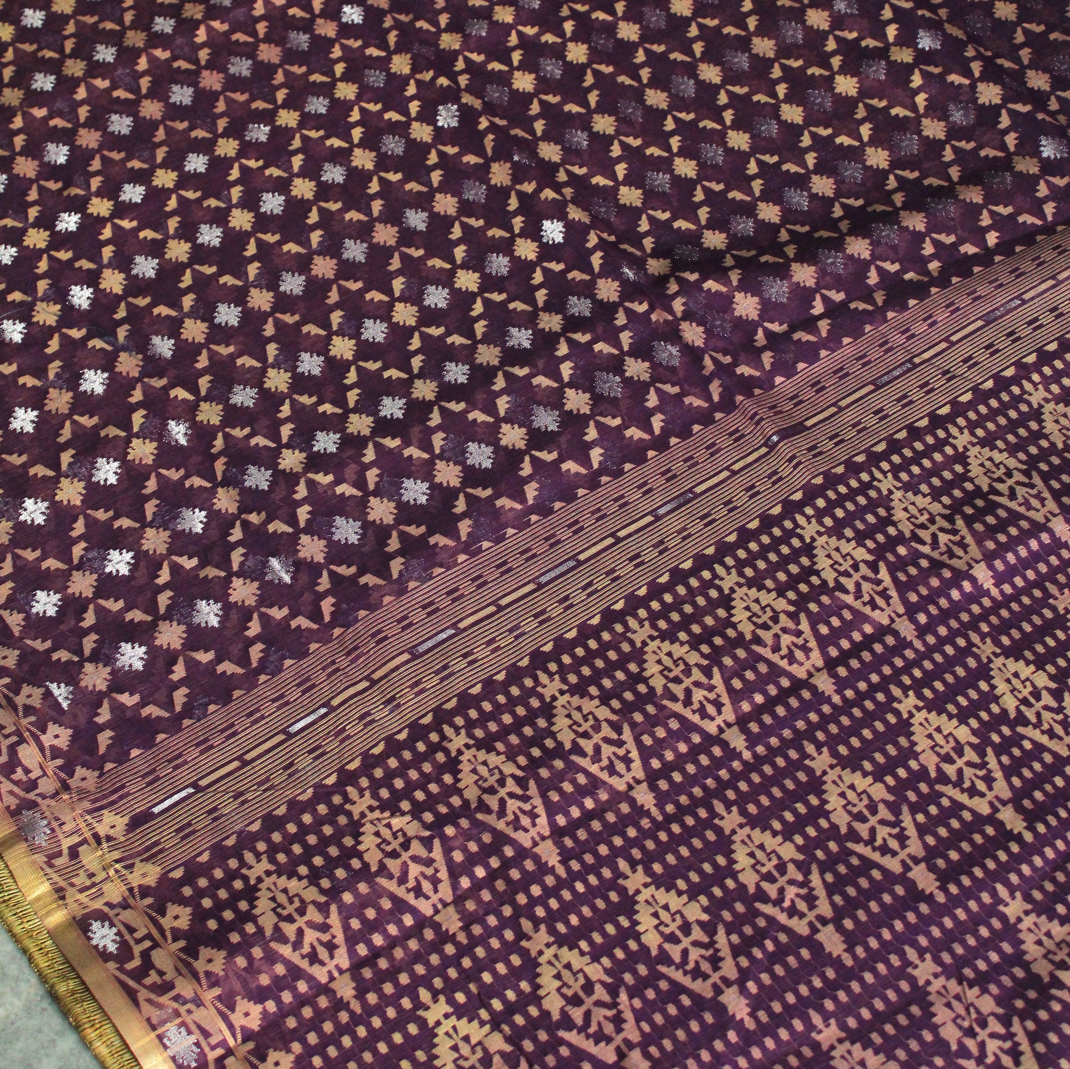 Pre Order : Purple, Beige and Silver Zari Jaal Dhakai Jamdani Saree