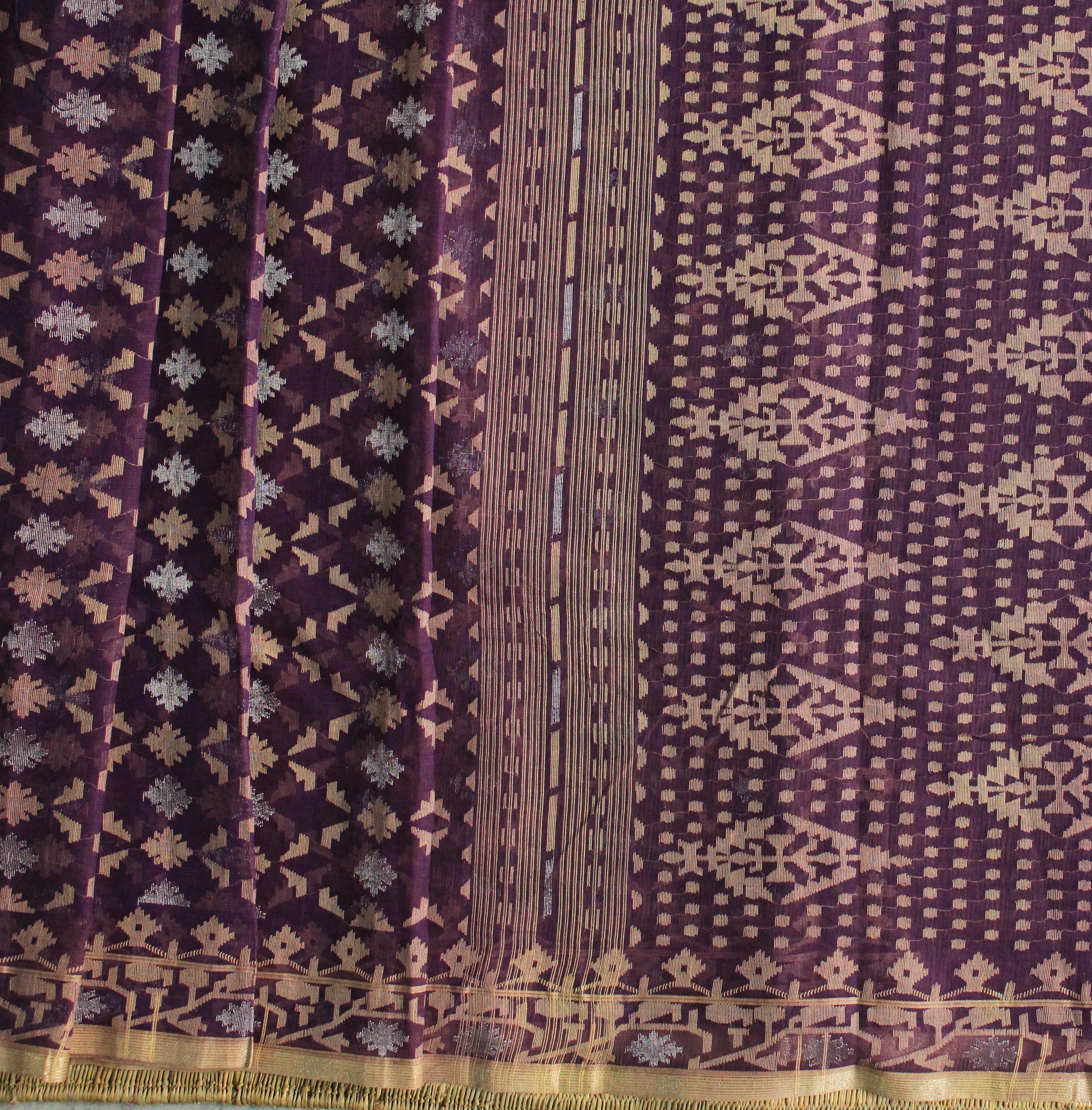 Pre Order : Purple, Beige and Silver Zari Jaal Dhakai Jamdani Saree