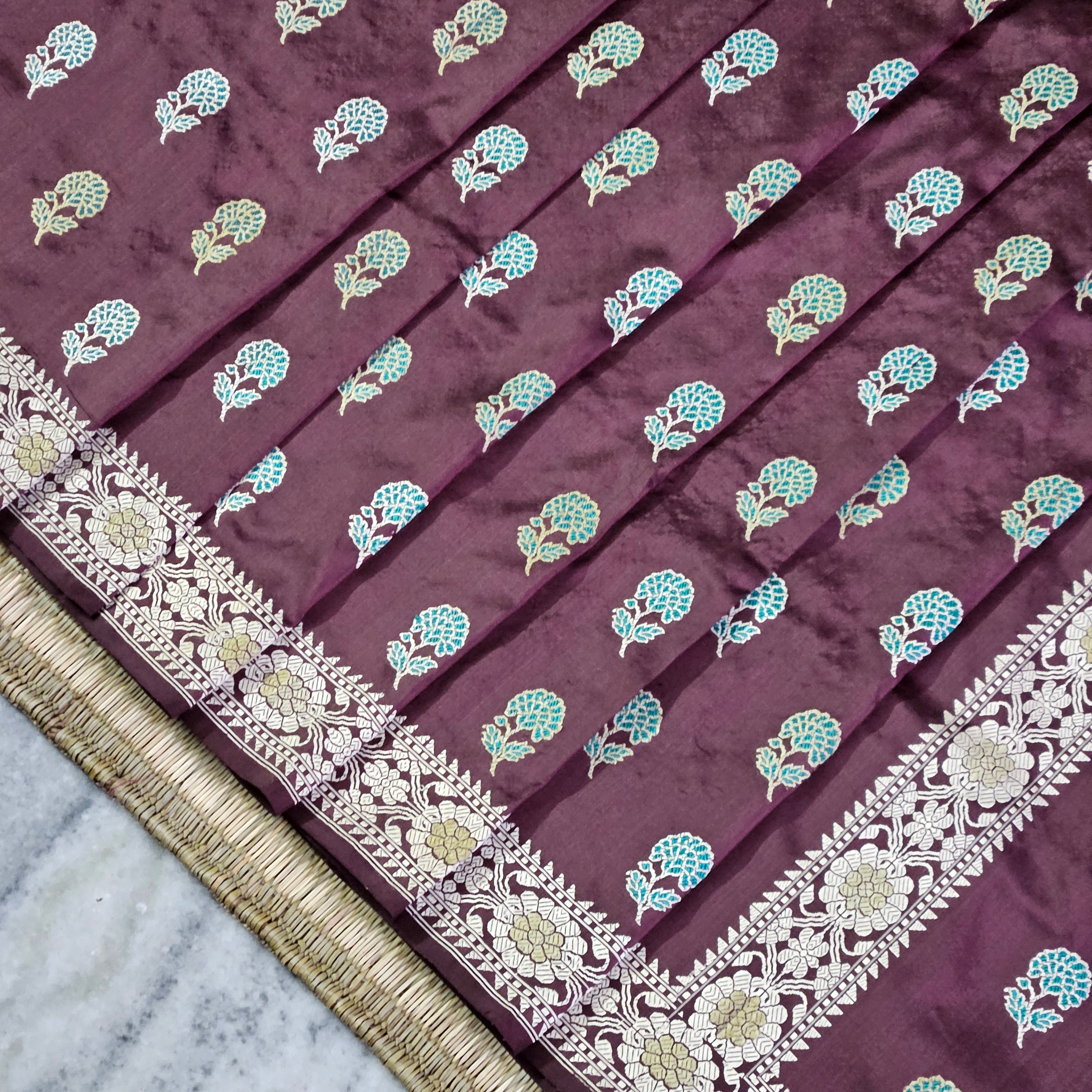 Brown with Green Revival Baluchari Saree