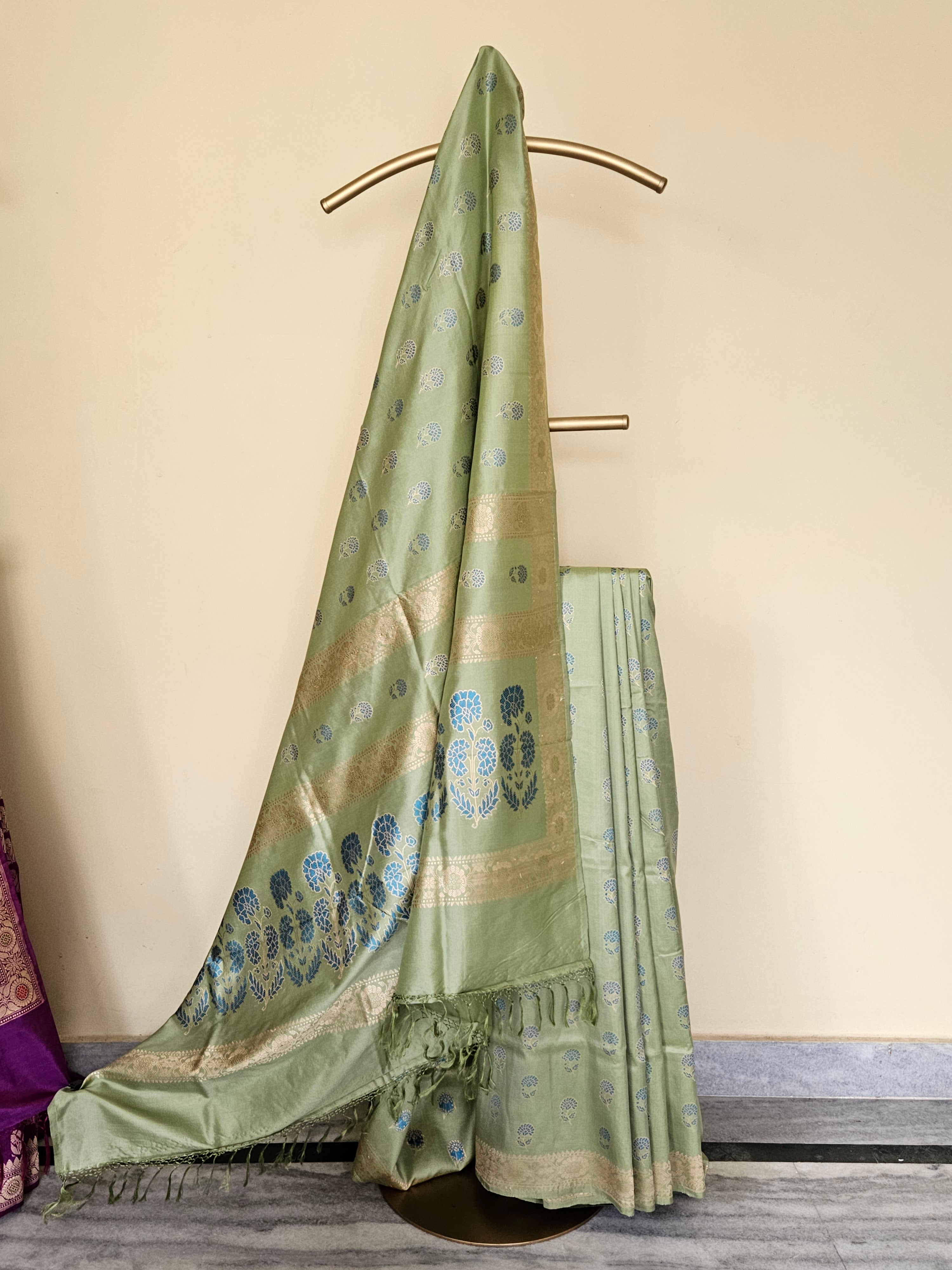 Light Pista Green with Turquoise Revival Baluchari Saree