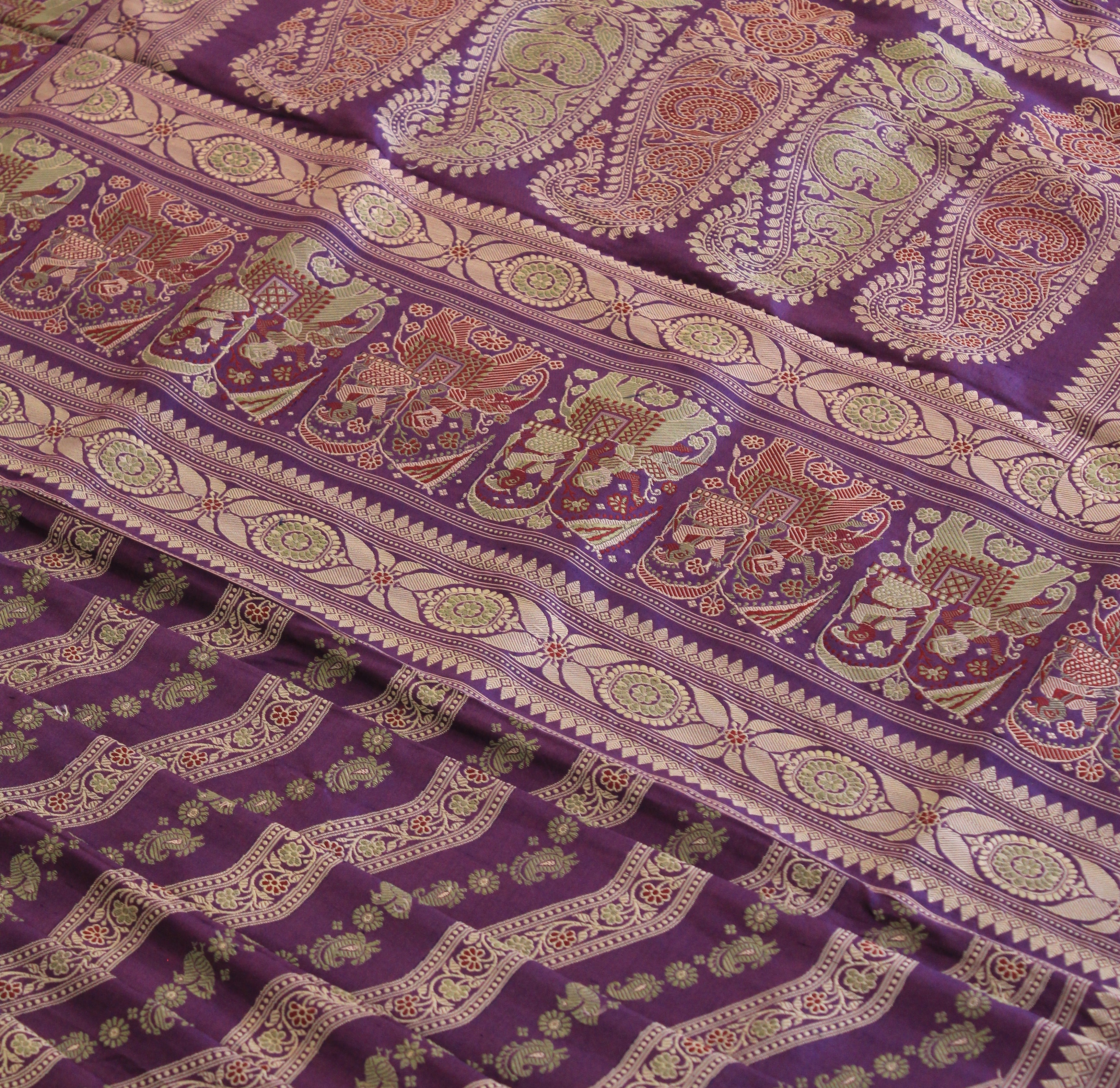 Purple Green Ada Baluchari with Peacock Motifs