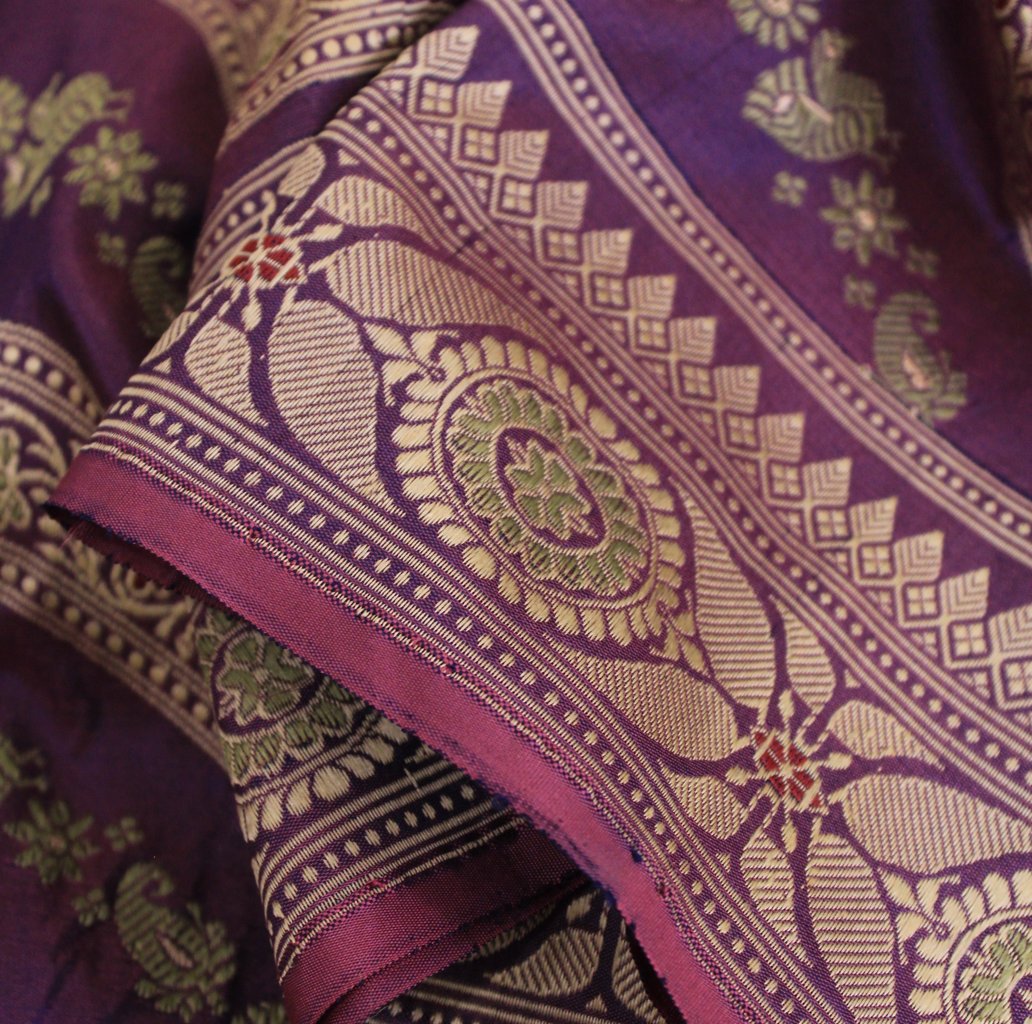Purple Green Ada Baluchari with Peacock Motifs