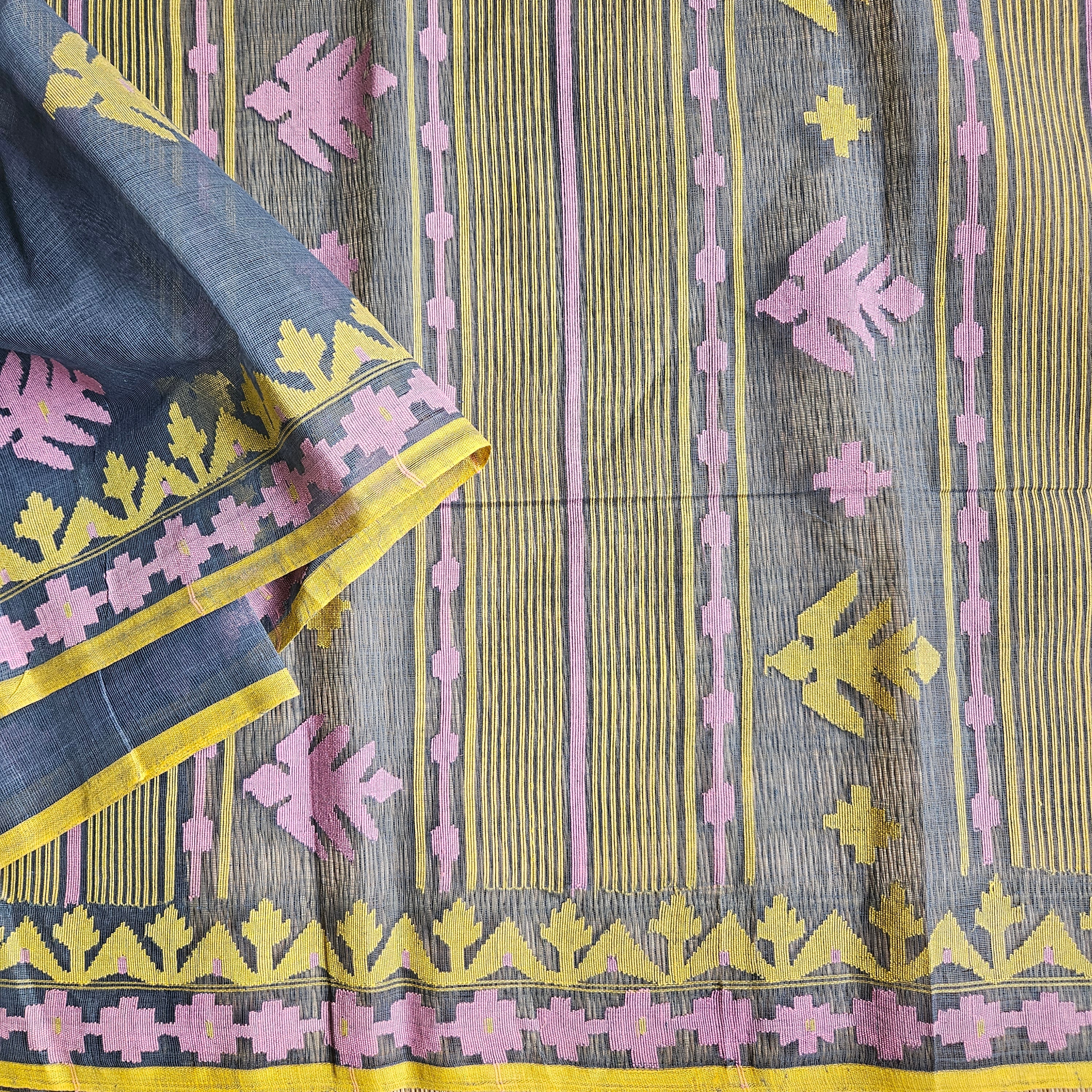 Grey Dhakai Jamdani with Pink and Yellow Motifs