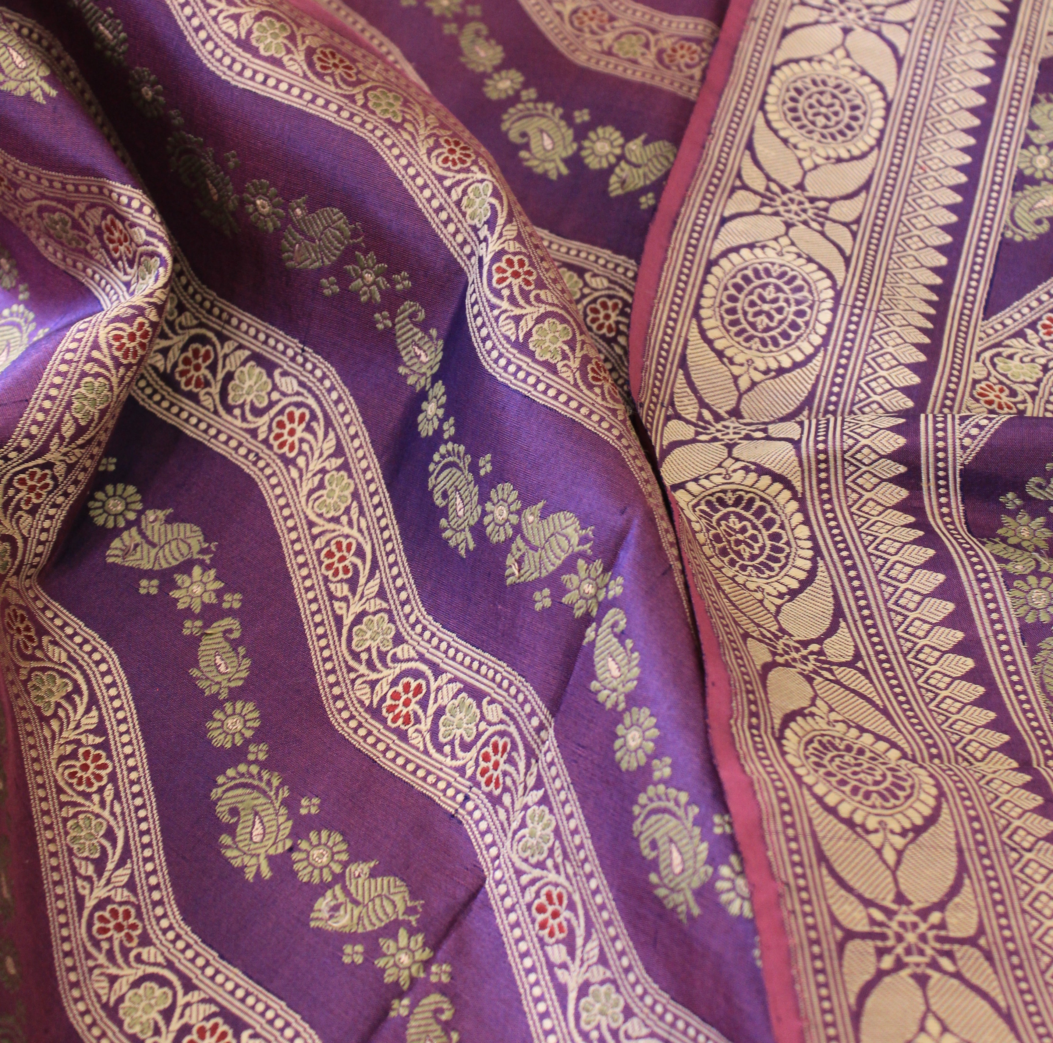 Purple Green Ada Baluchari with Peacock Motifs