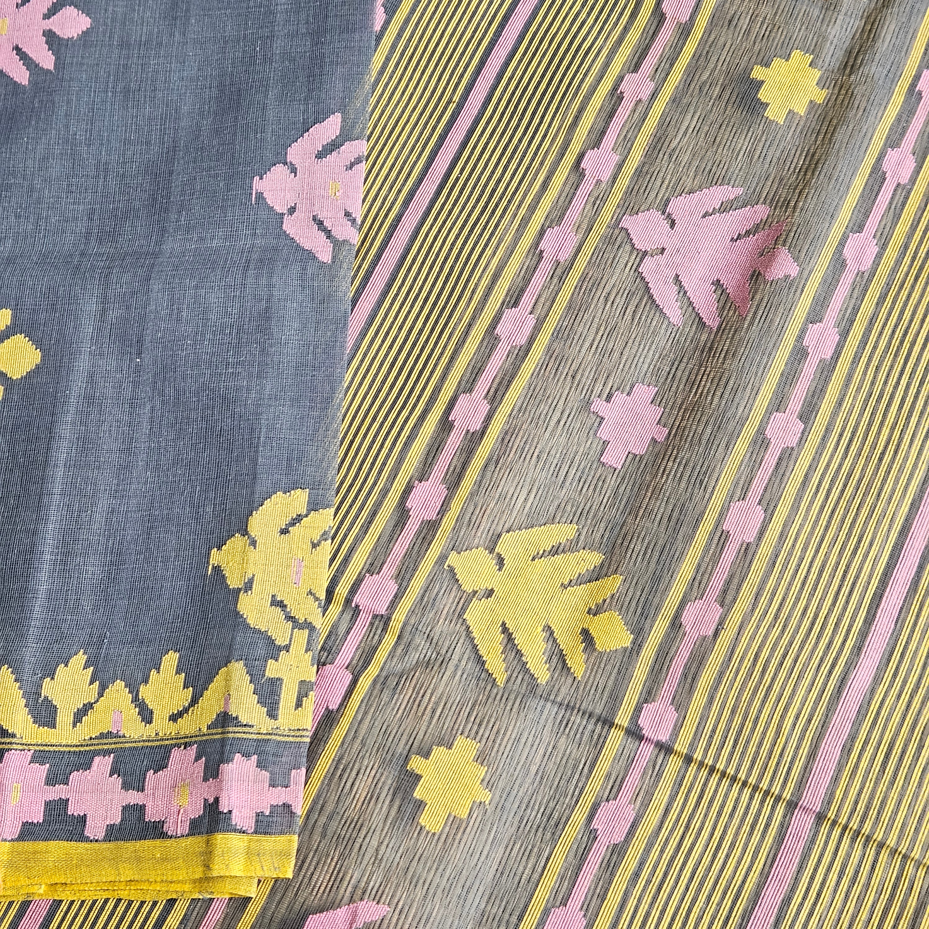 Grey Dhakai Jamdani with Pink and Yellow Motifs
