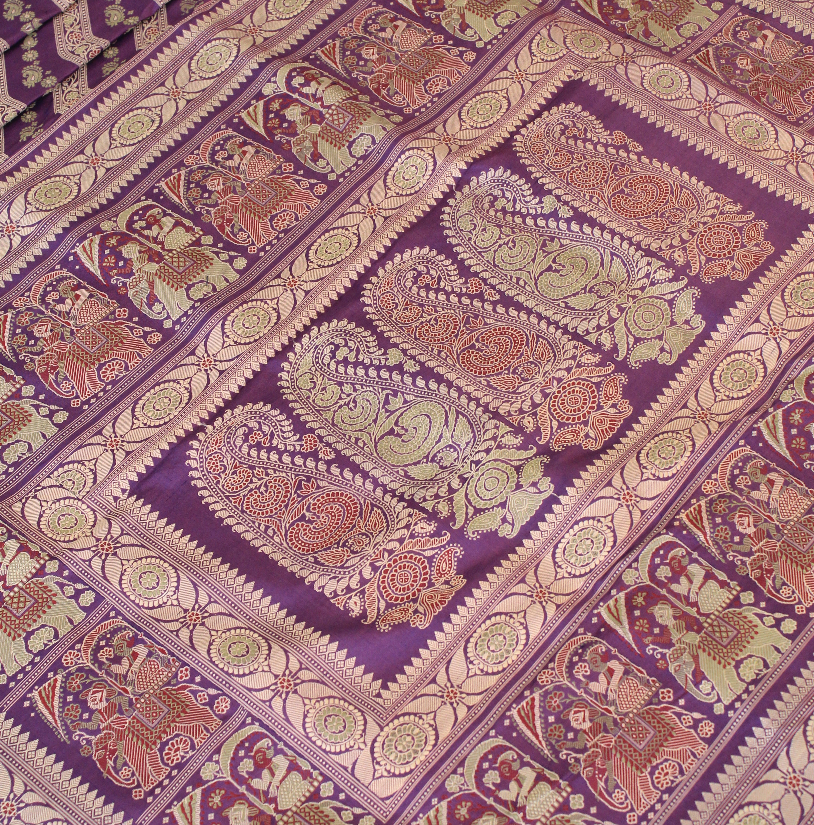 Purple Green Ada Baluchari with Peacock Motifs