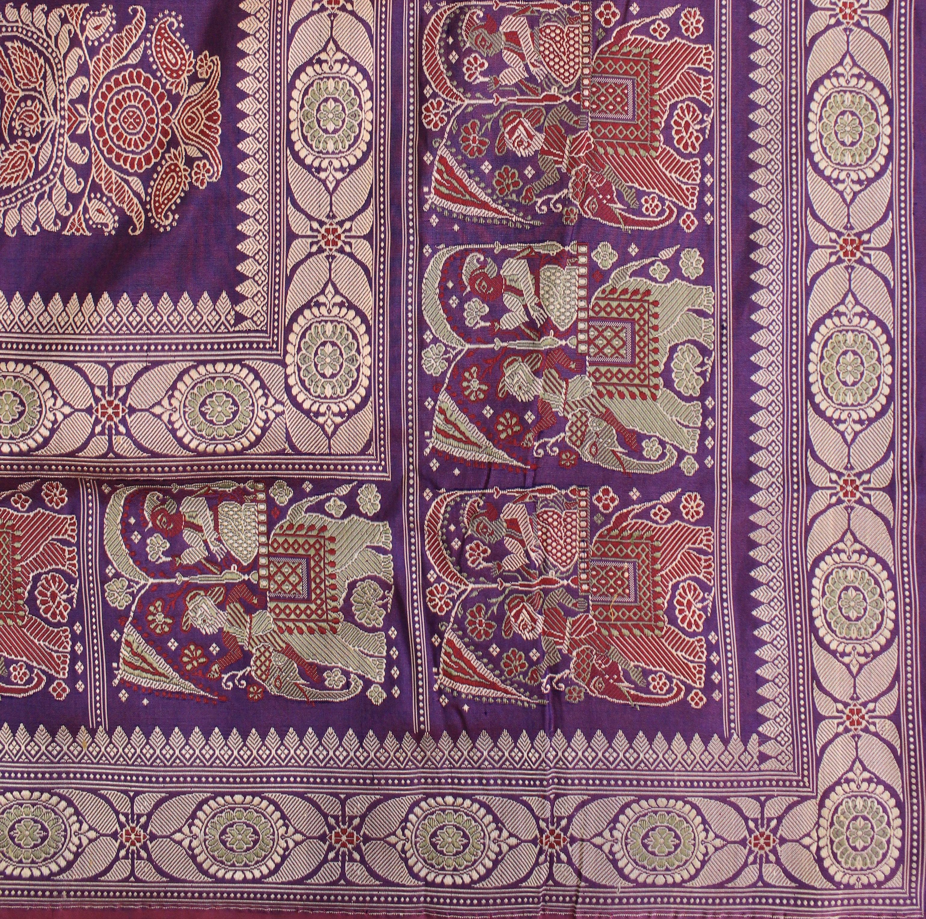 Purple Green Ada Baluchari with Peacock Motifs