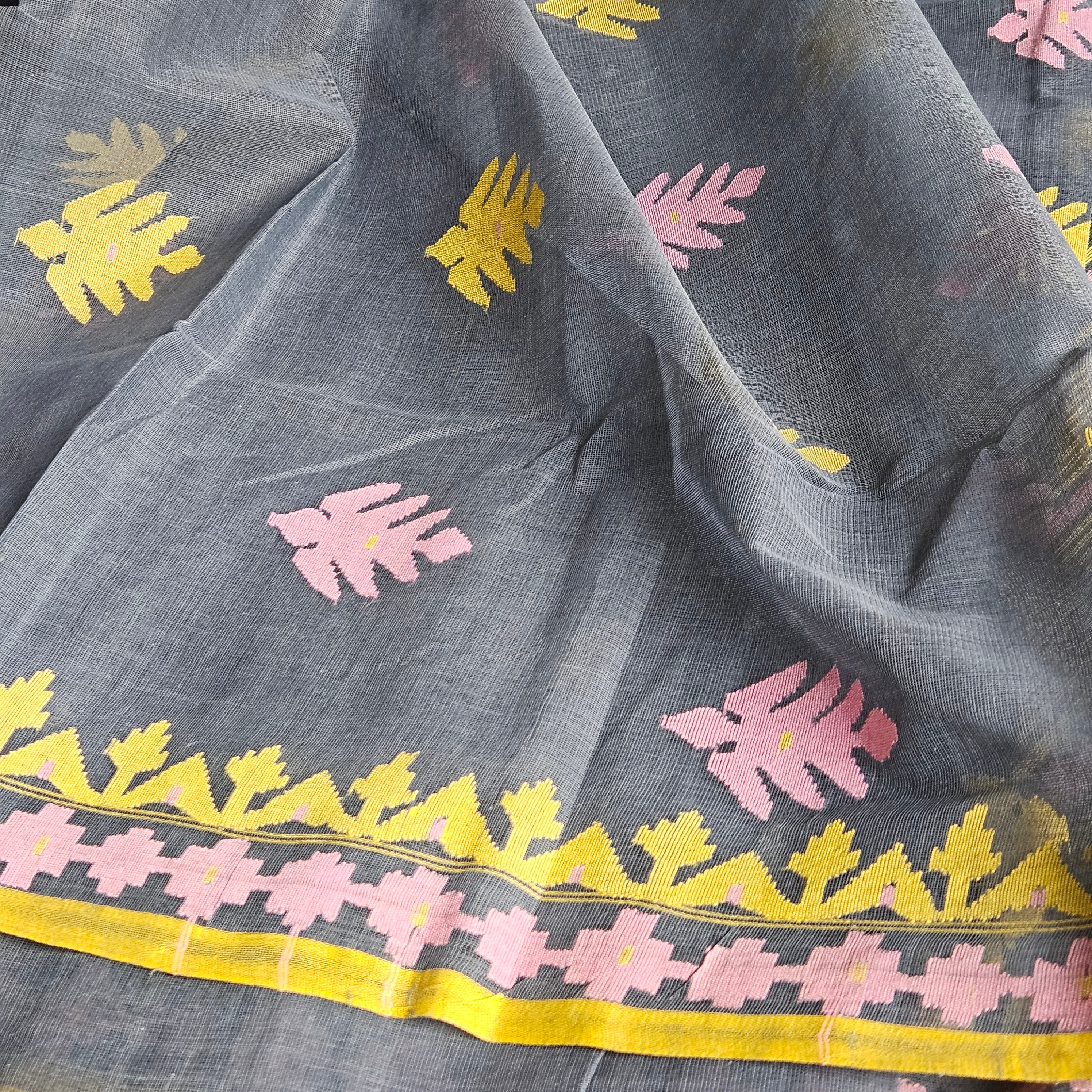 Grey Dhakai Jamdani with Pink and Yellow Motifs