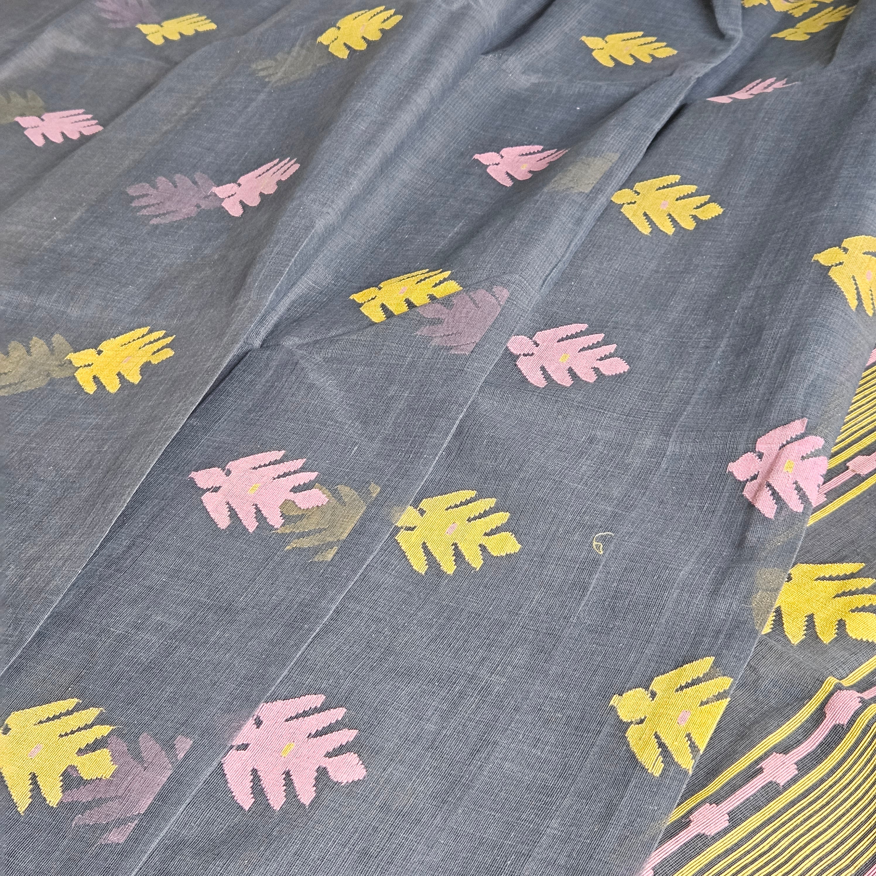 Grey Dhakai Jamdani with Pink and Yellow Motifs