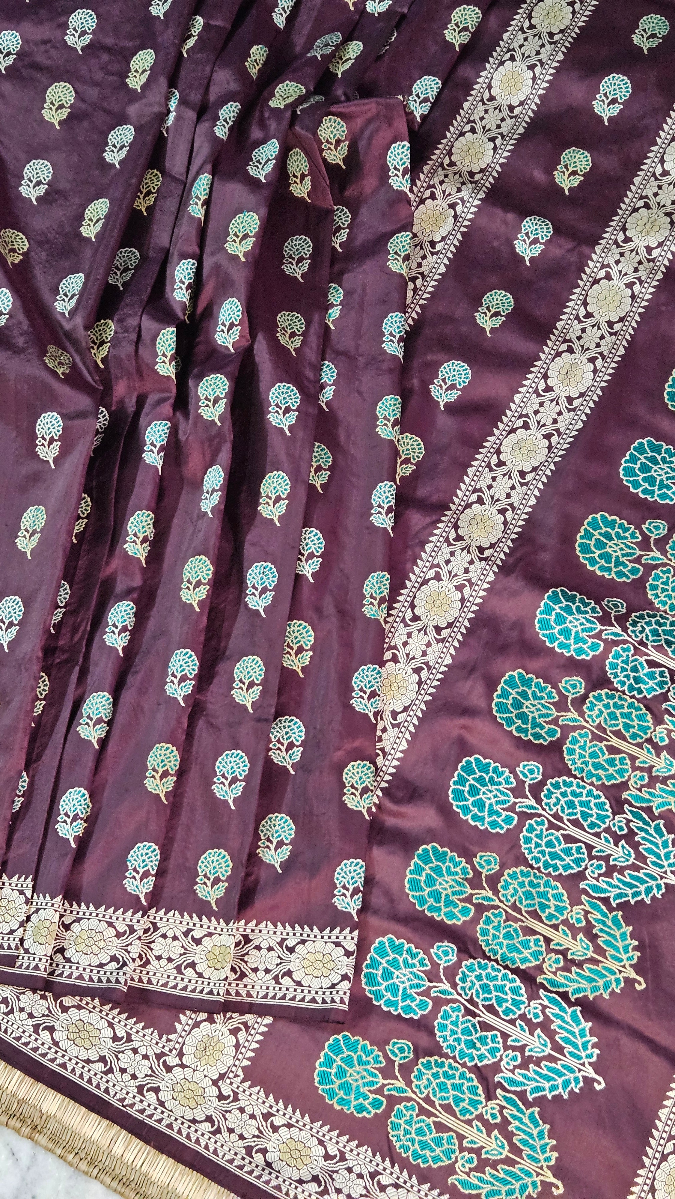 Brown with Green Revival Baluchari Saree
