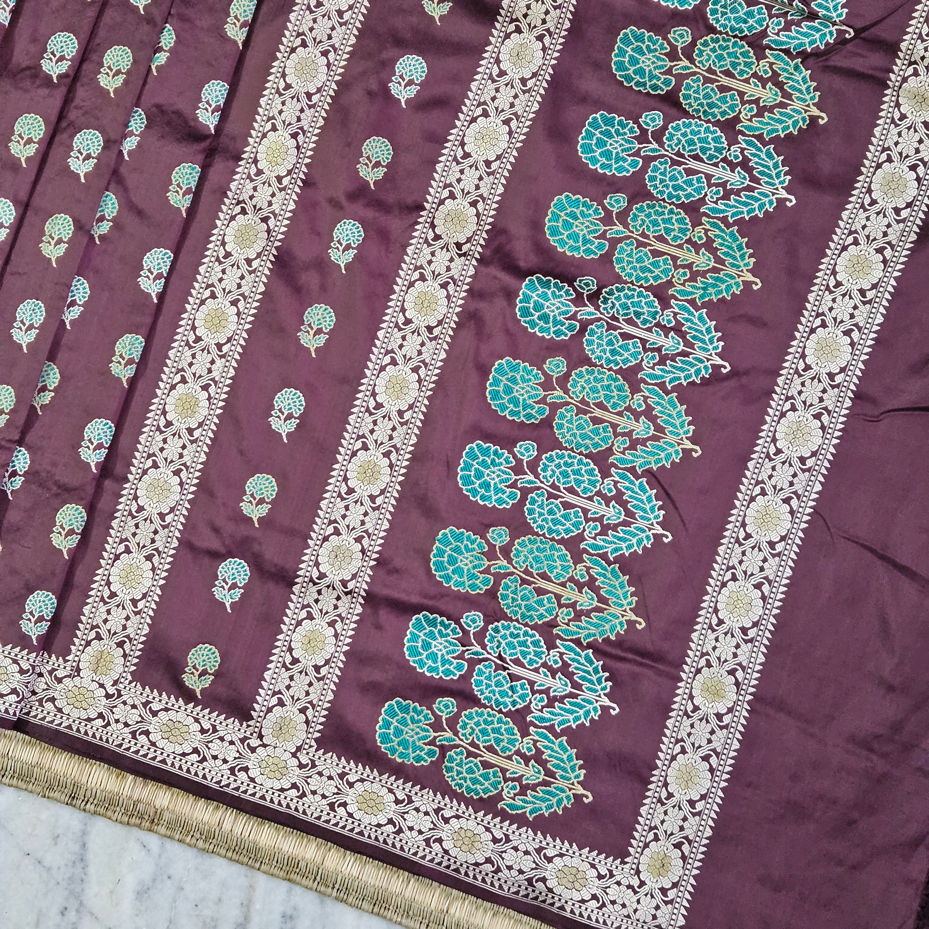 Brown with Green Revival Baluchari Saree