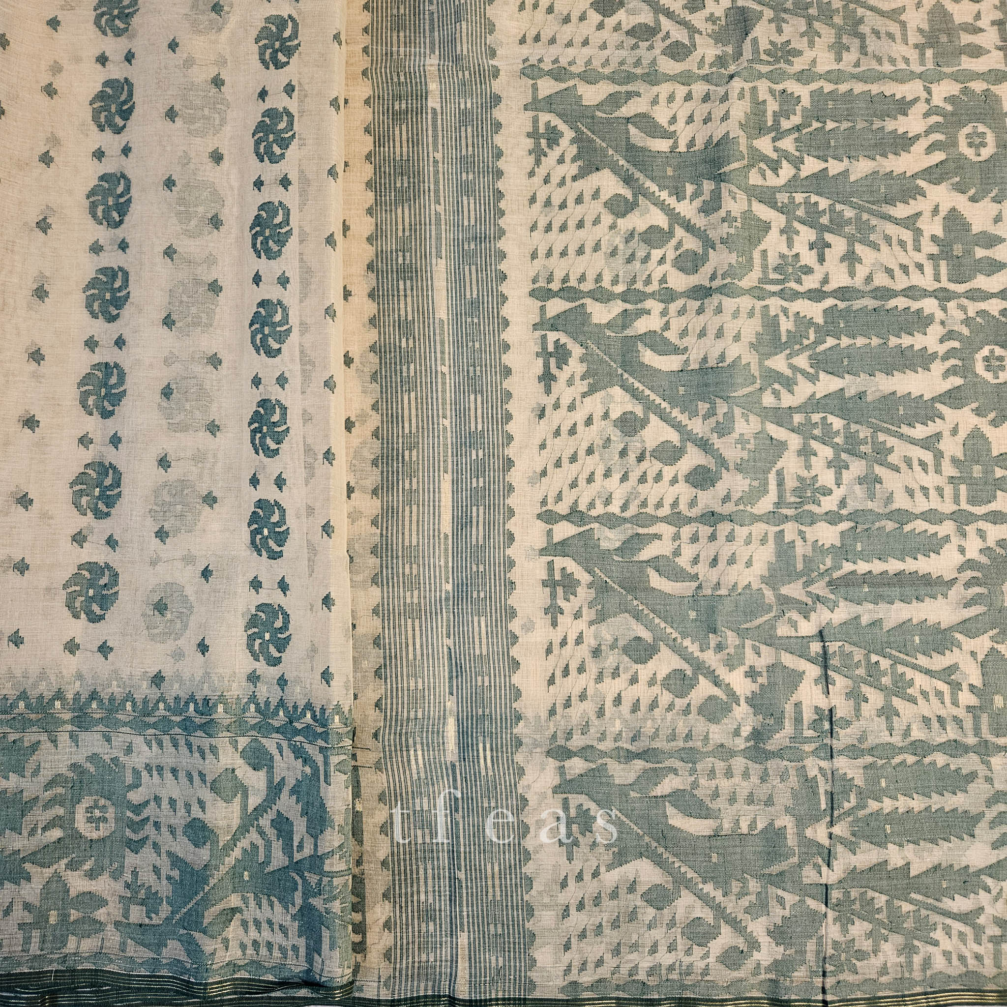 Beige and Bottle Green Dhakai Jamdani