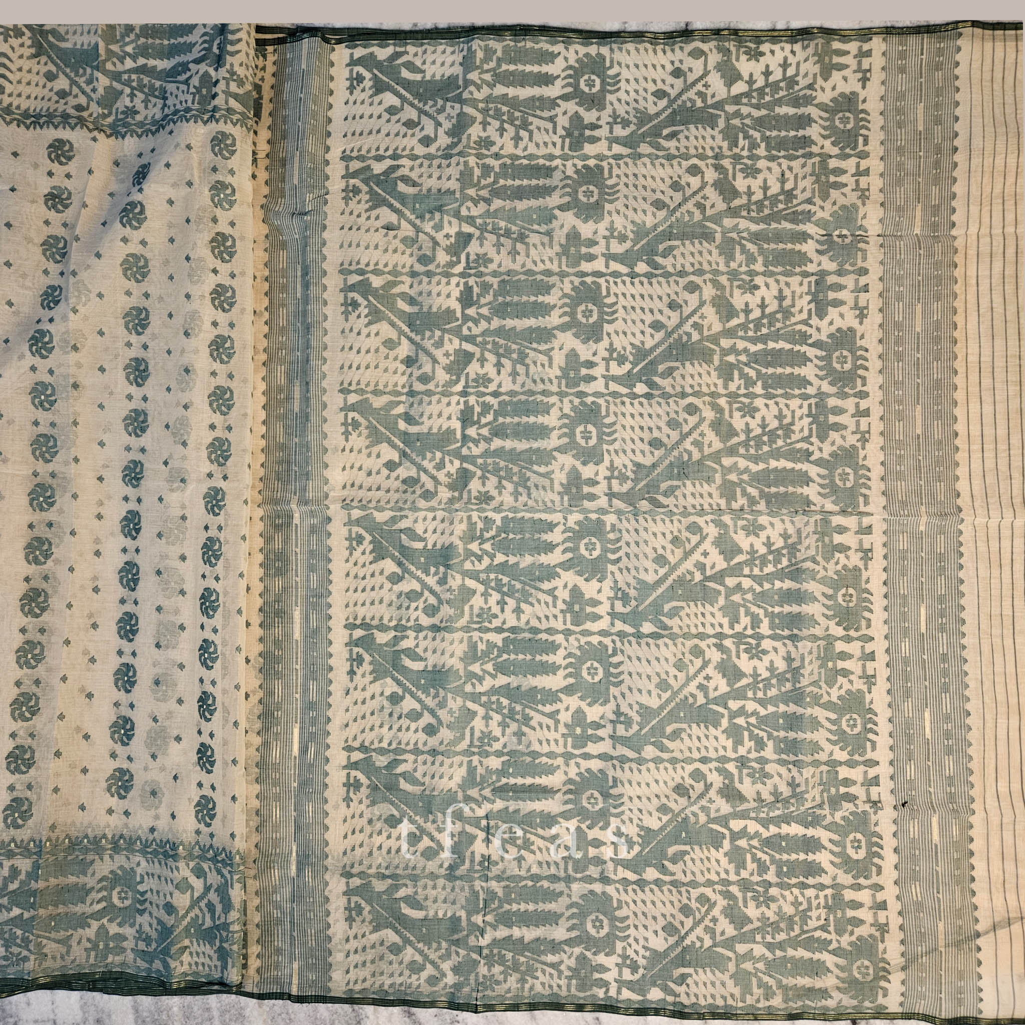 Beige and Bottle Green Dhakai Jamdani