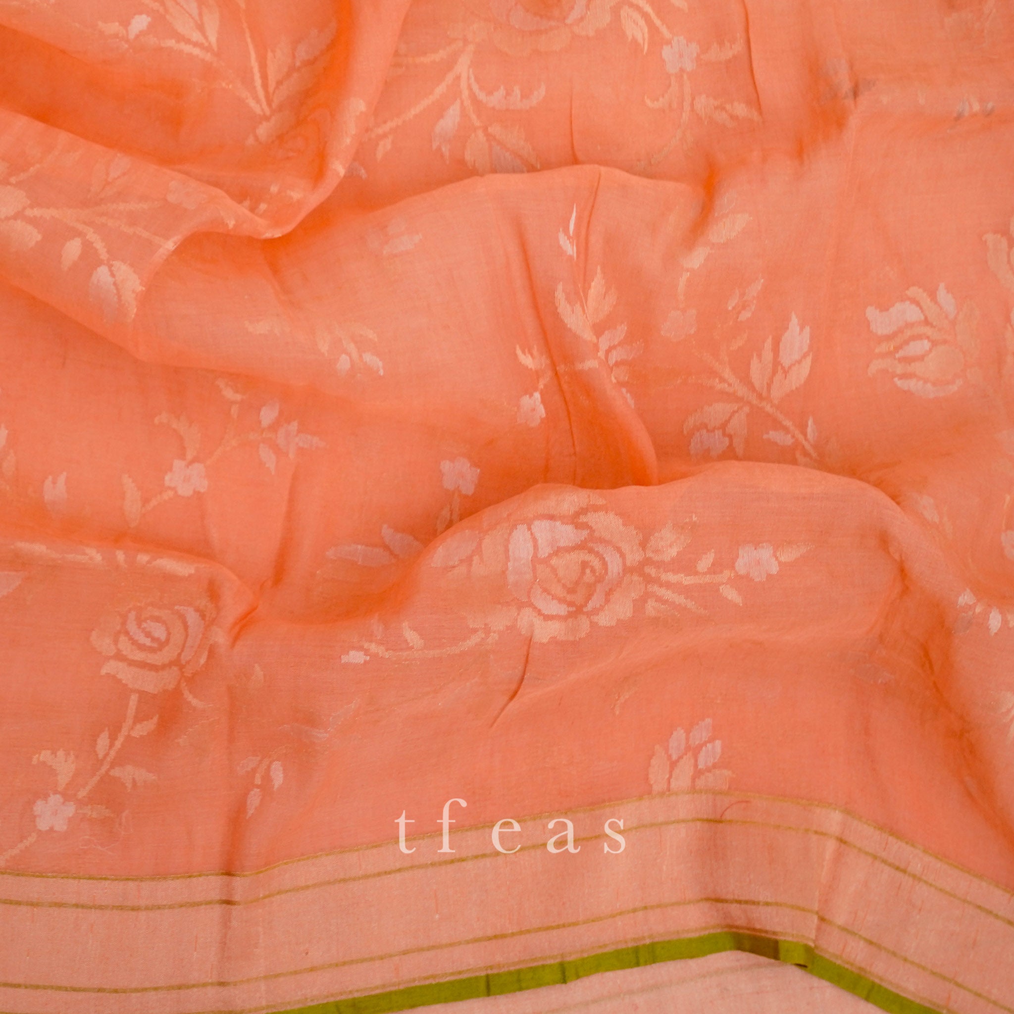TFEAS Real Silver Zari : Peach Benarasi Jamdani with Real Silver Zari