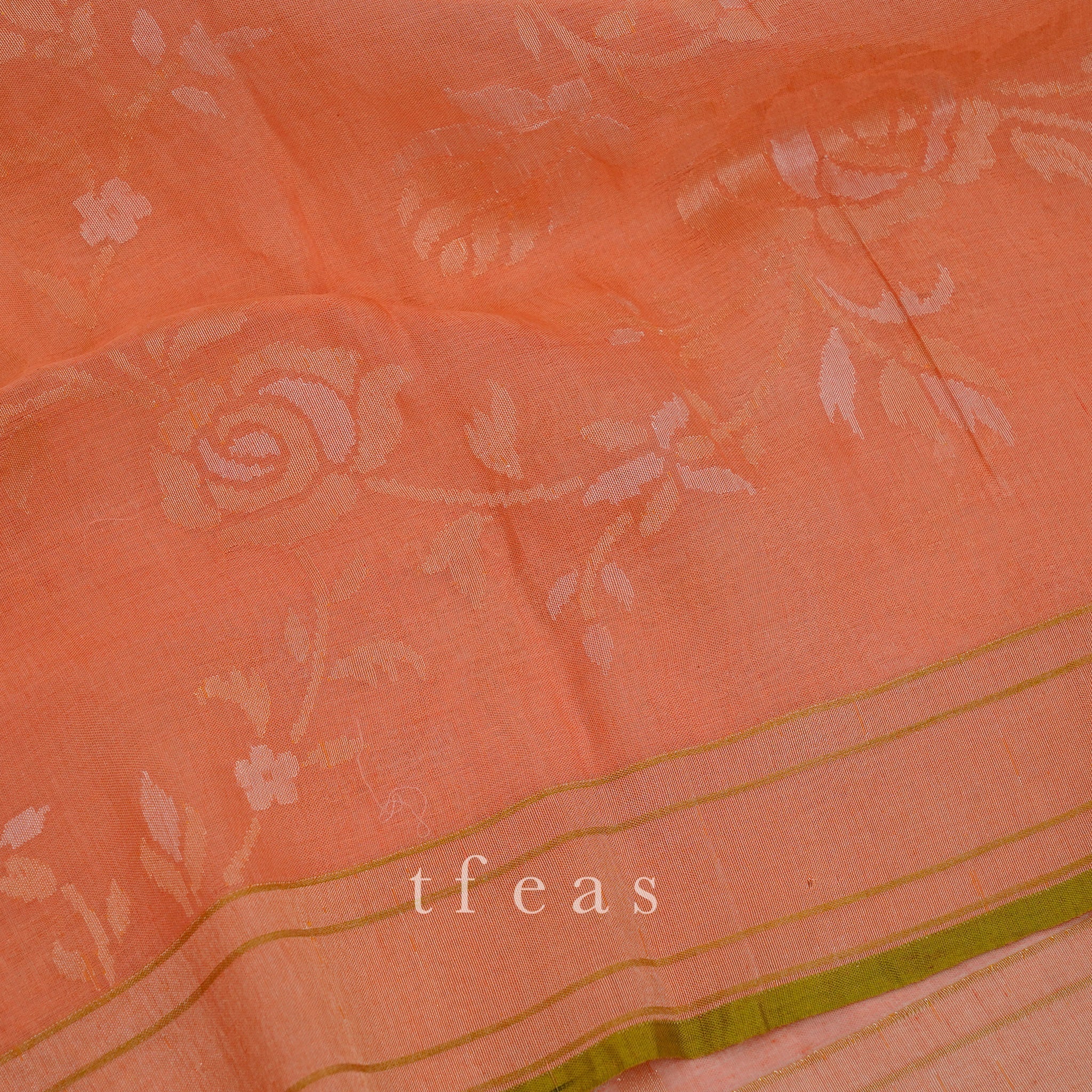 TFEAS Real Silver Zari : Peach Benarasi Jamdani with Real Silver Zari