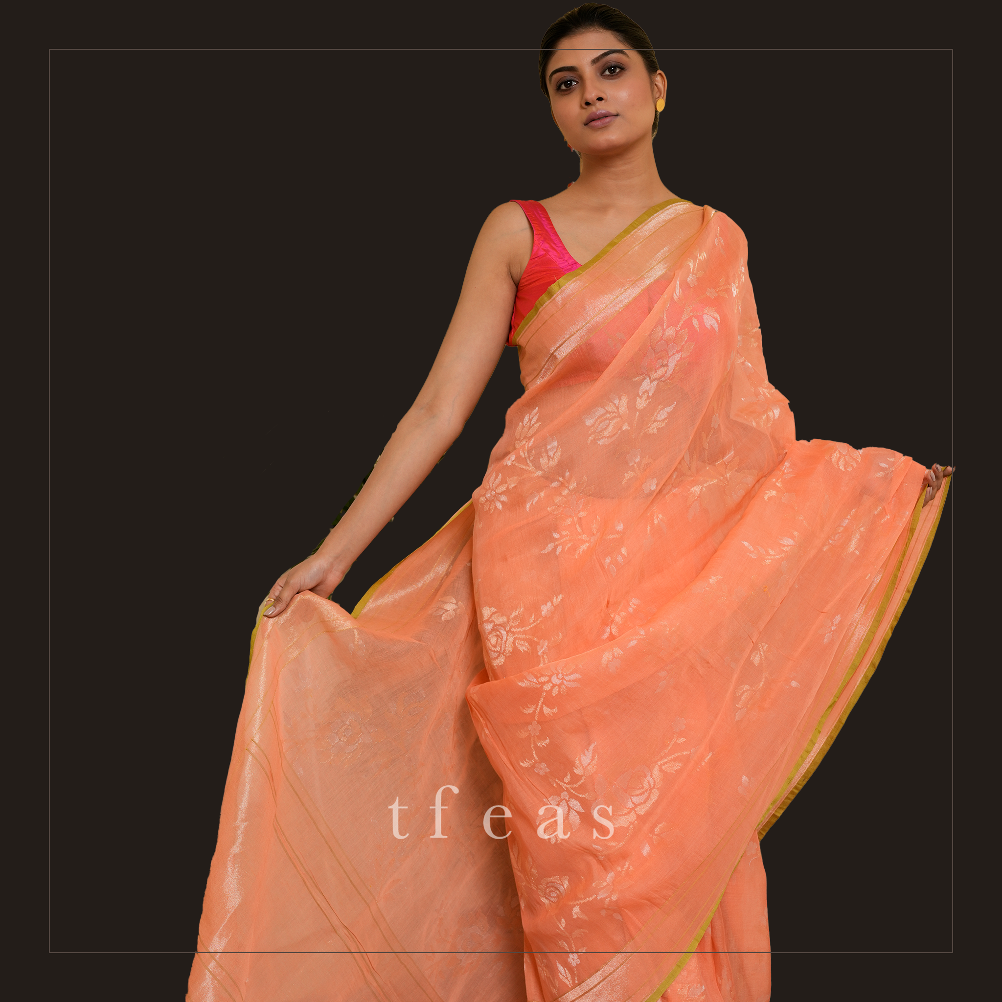 TFEAS Real Silver Zari : Peach Benarasi Jamdani with Real Silver Zari