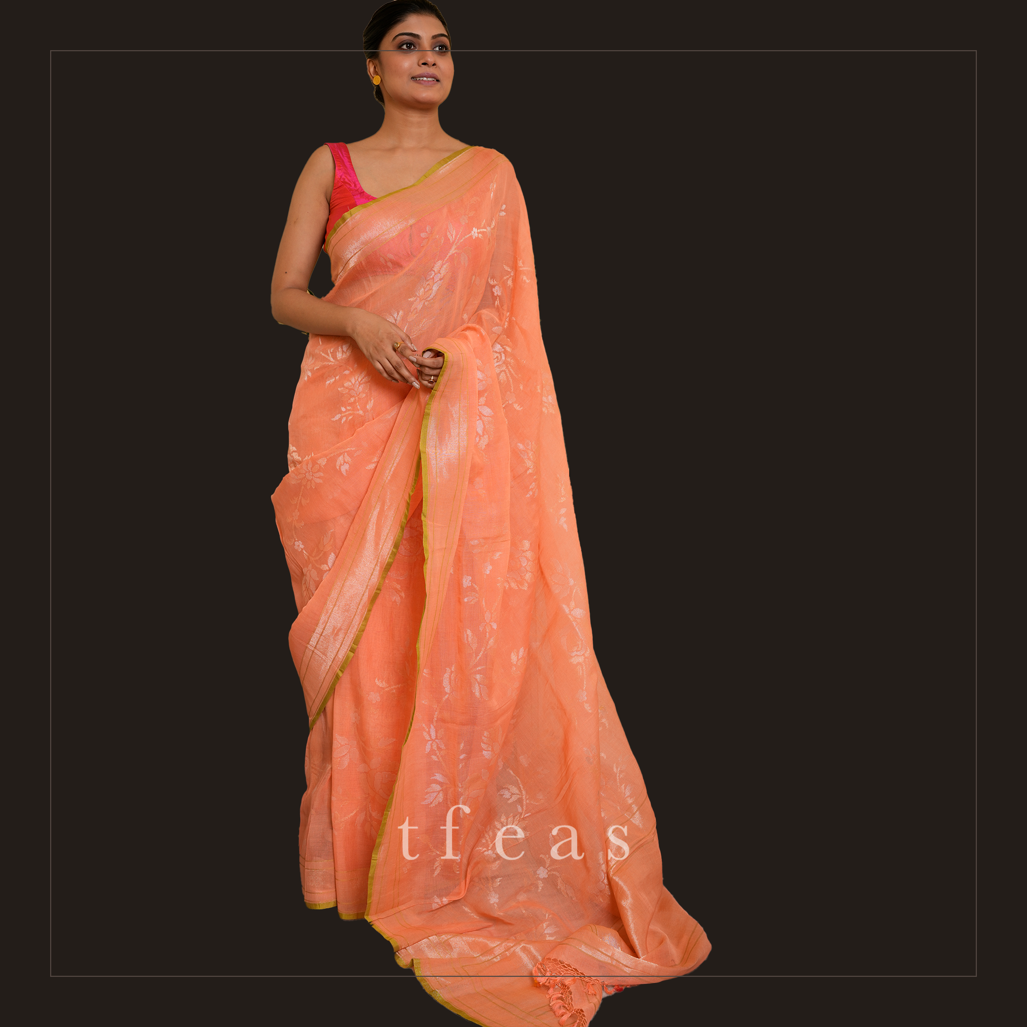 TFEAS Real Silver Zari : Peach Benarasi Jamdani with Real Silver Zari