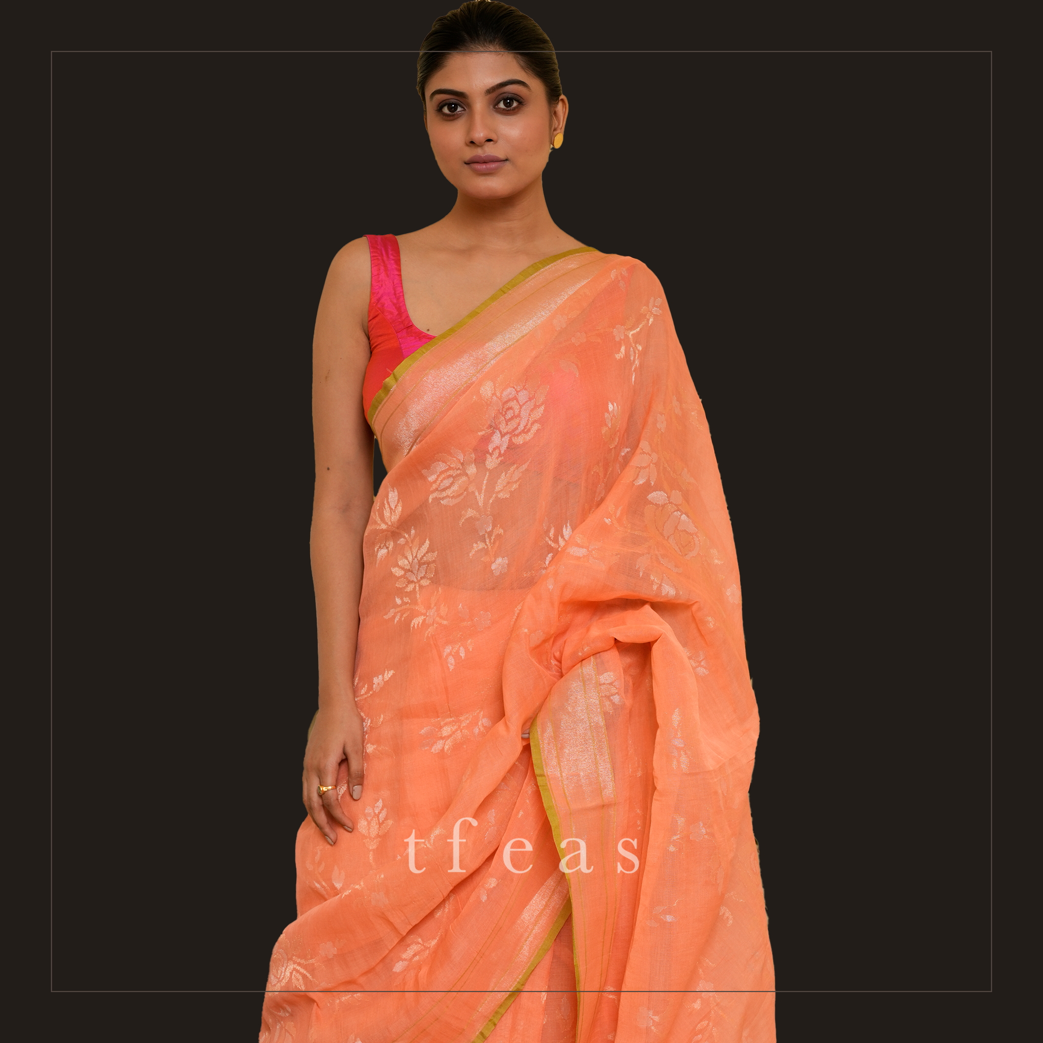 TFEAS Real Silver Zari : Peach Benarasi Jamdani with Real Silver Zari