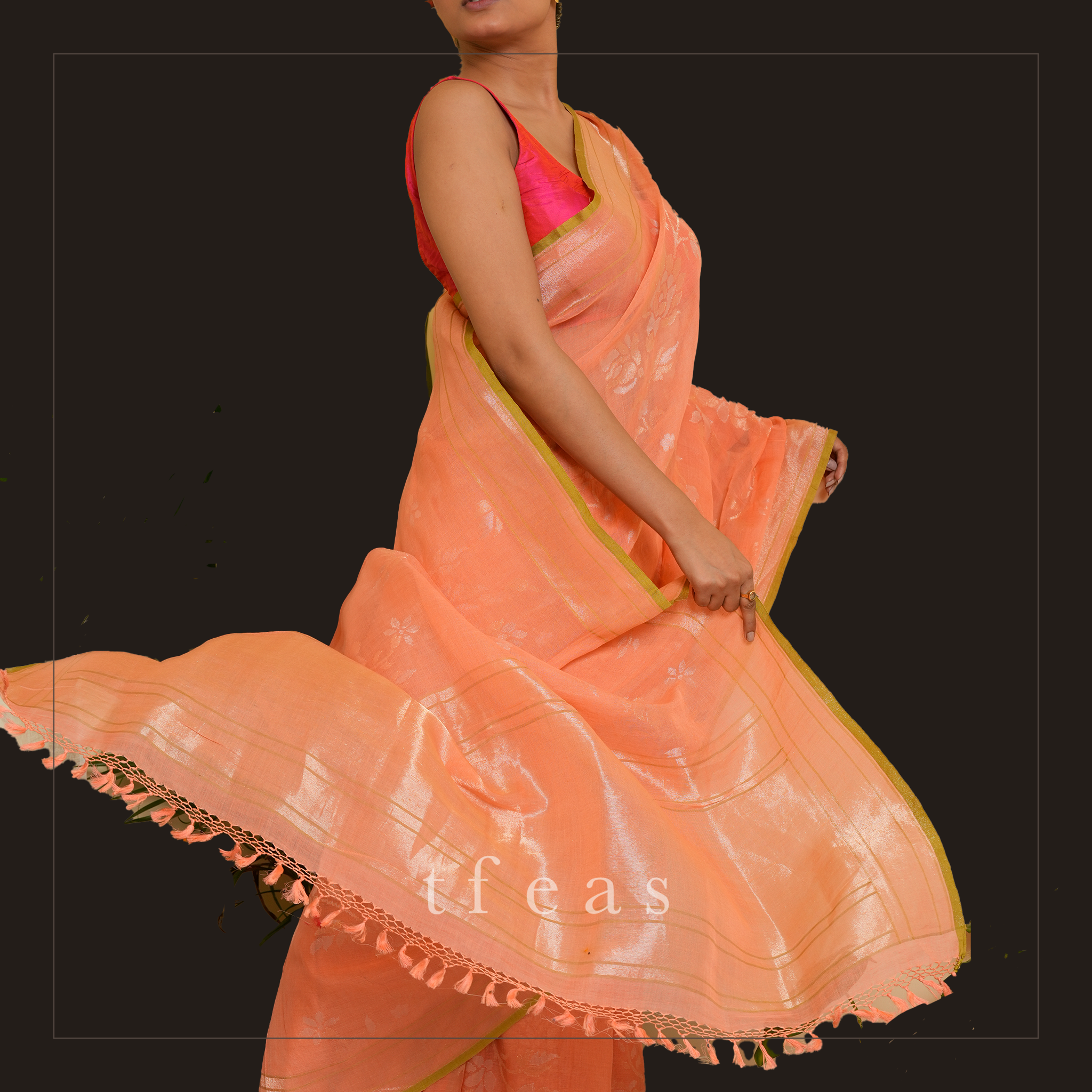 TFEAS Real Silver Zari : Peach Benarasi Jamdani with Real Silver Zari