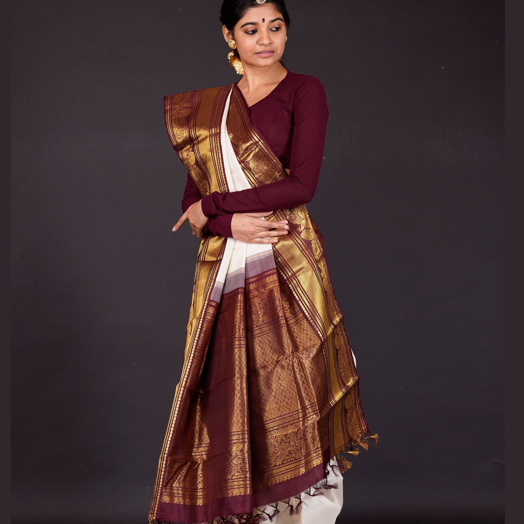 TFEAS White and Maroon Kanjeevaram Silk Saree