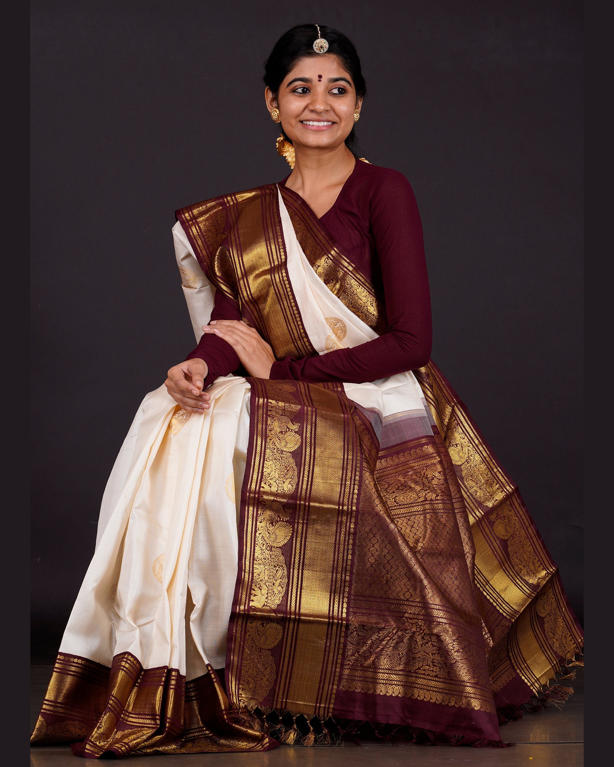 TFEAS White and Maroon Kanjeevaram Silk Saree