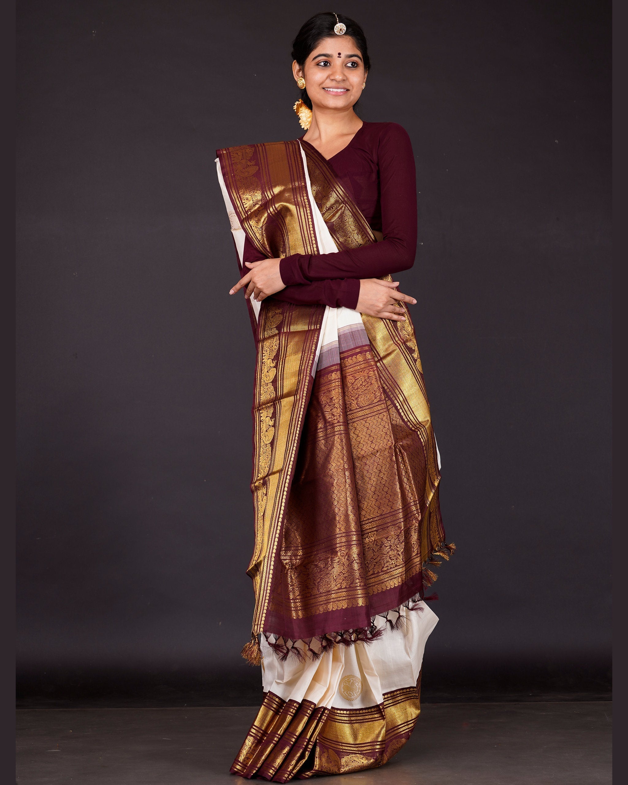 TFEAS White and Maroon Kanjeevaram Silk Saree